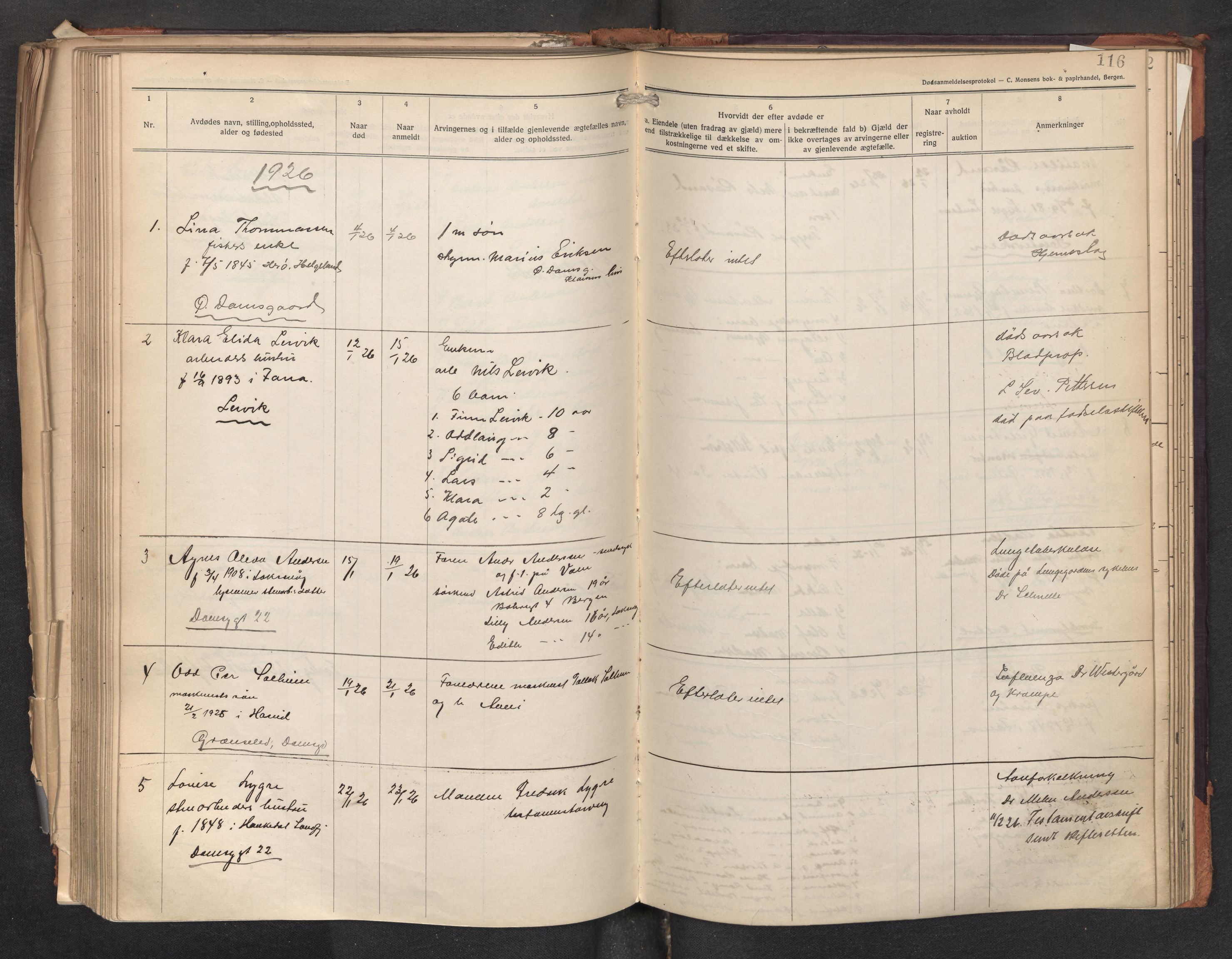 Lensmannen i Askøy, SAB/A-31001/0006/L0002: Dødsfallprotokoll med register , 1921-1928, p. 116