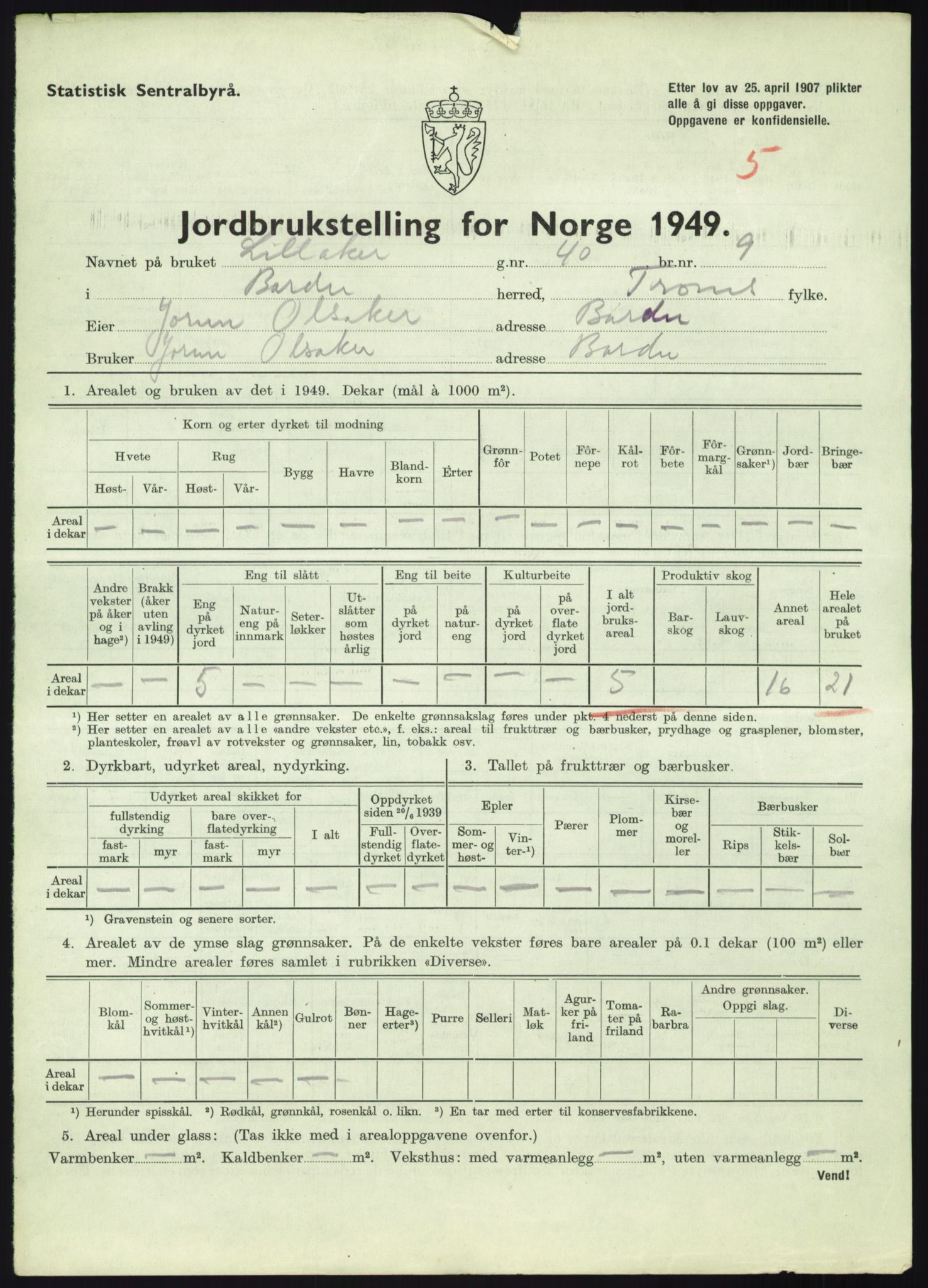 Statistisk sentralbyrå, Næringsøkonomiske emner, Jordbruk, skogbruk, jakt, fiske og fangst, AV/RA-S-2234/G/Gc/L0438: Troms: Salangen og Bardu, 1949, p. 937