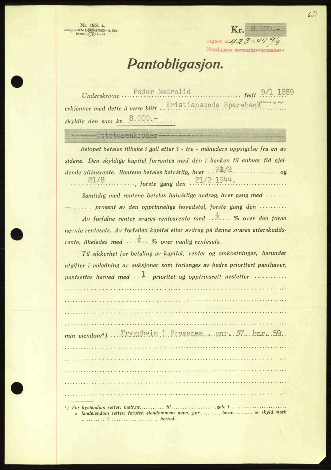 Nordmøre sorenskriveri, AV/SAT-A-4132/1/2/2Ca: Mortgage book no. B91, 1943-1944, Diary no: : 423/1944