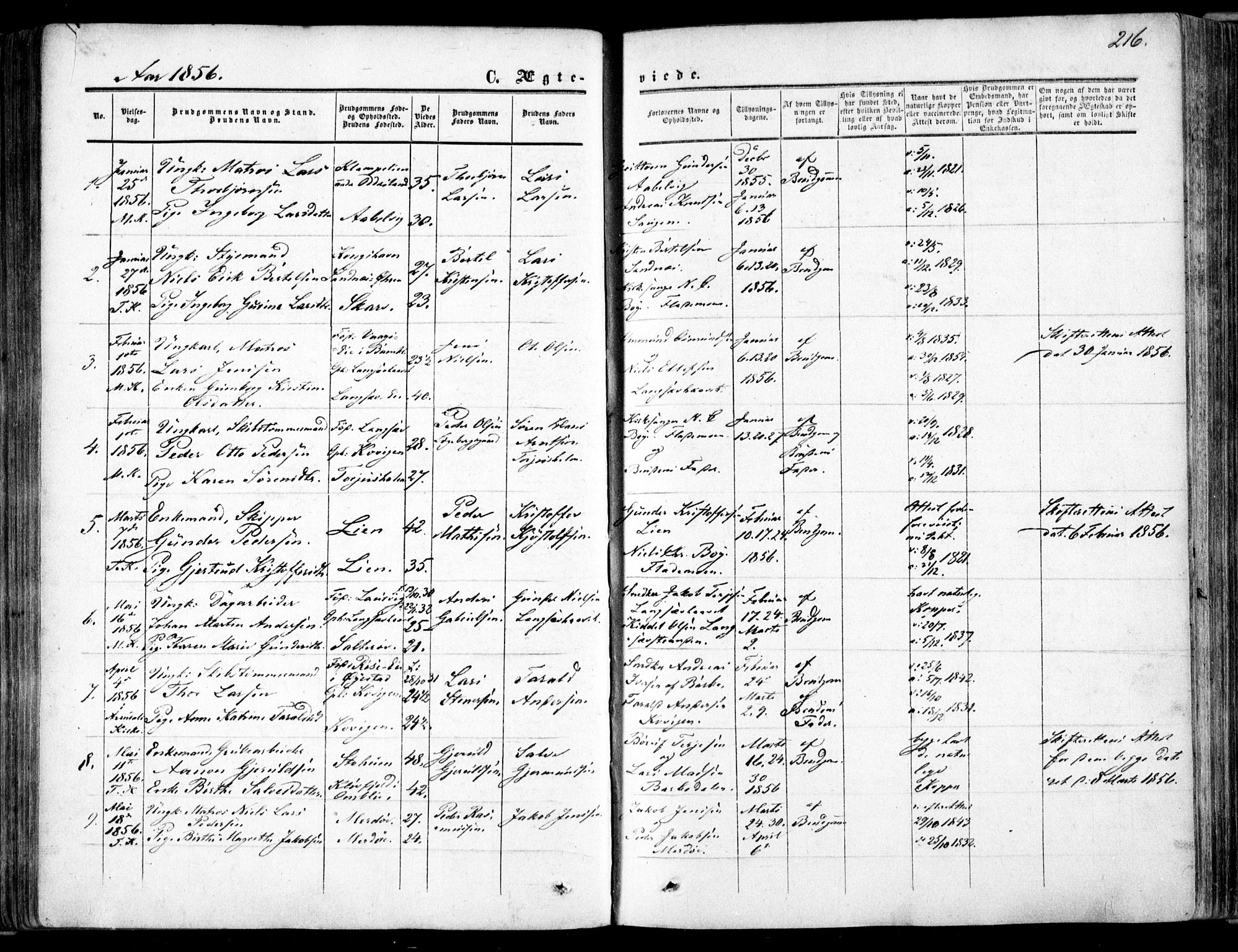 Tromøy sokneprestkontor, SAK/1111-0041/F/Fa/L0006: Parish register (official) no. A 6, 1855-1863, p. 216