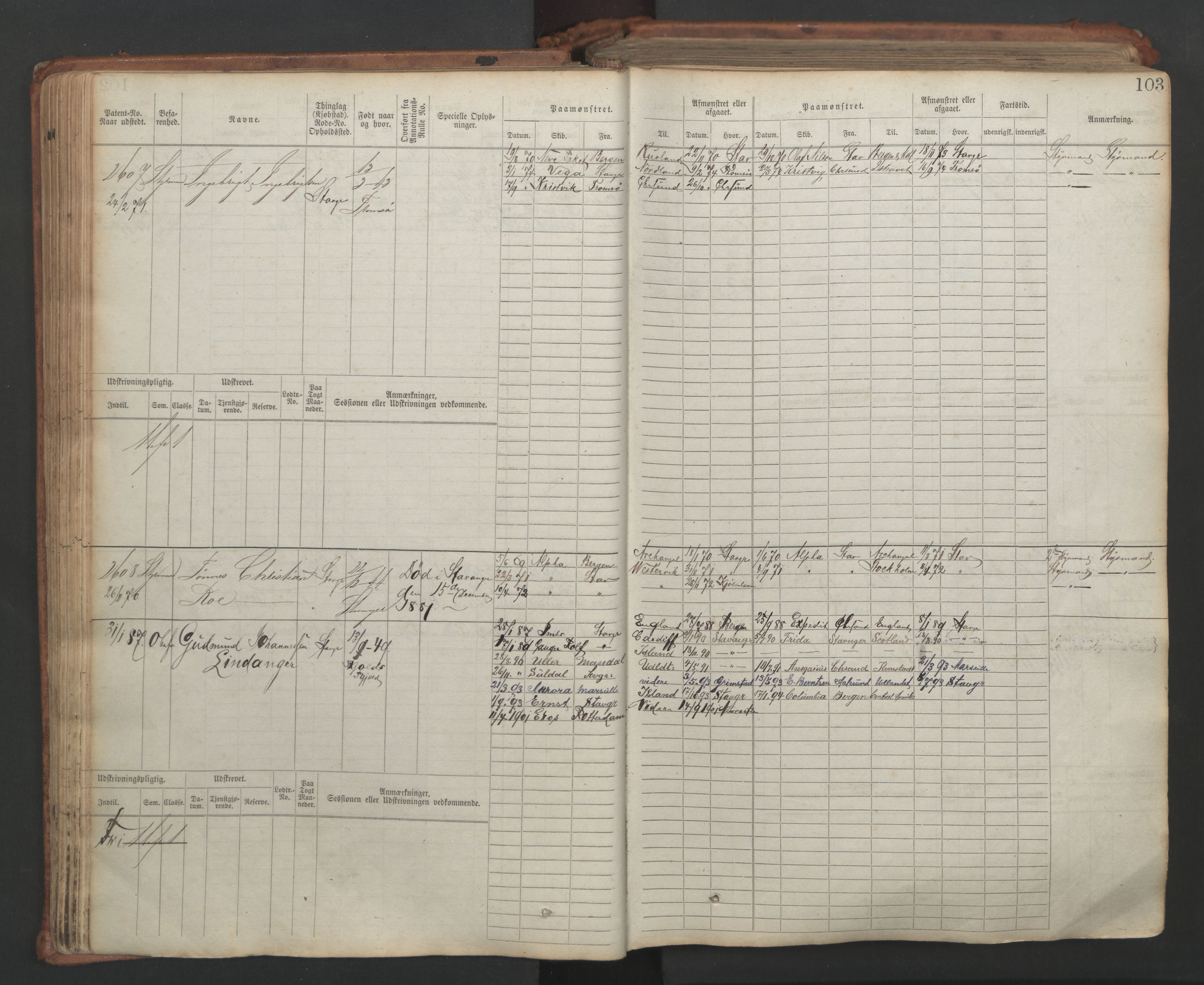 Stavanger sjømannskontor, AV/SAST-A-102006/F/Fb/Fbb/L0007: Sjøfartshovedrulle, patentnr. 2403-3604, 1869-1880, p. 108