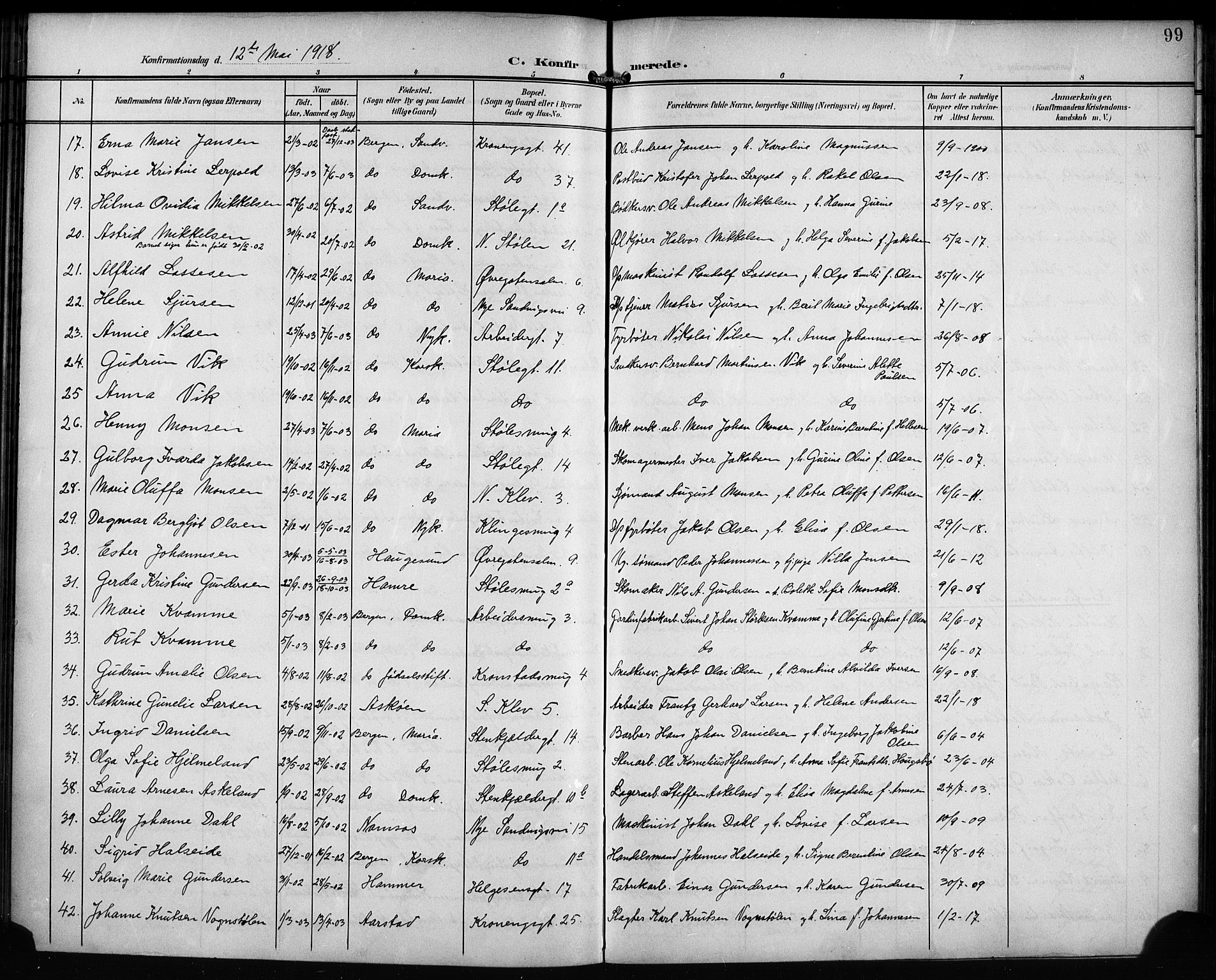 Mariakirken Sokneprestembete, AV/SAB-A-76901/H/Hab/L0009: Parish register (copy) no. A 9, 1901-1919, p. 99