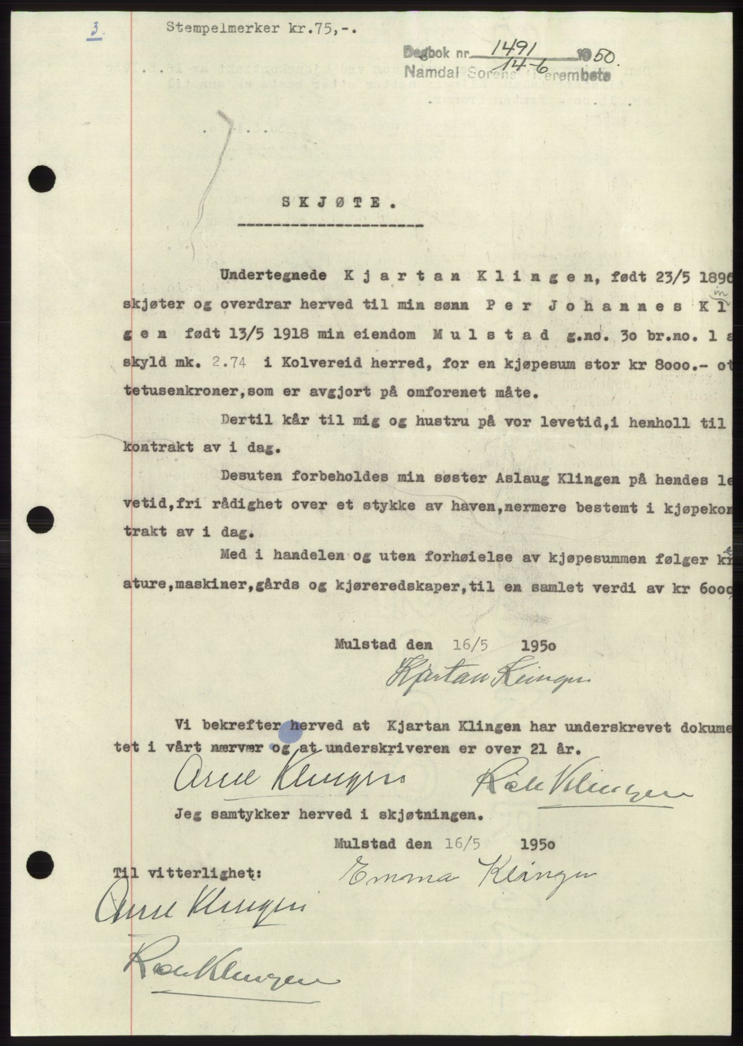 Namdal sorenskriveri, AV/SAT-A-4133/1/2/2C: Mortgage book no. -, 1950-1950, Diary no: : 1491/1950