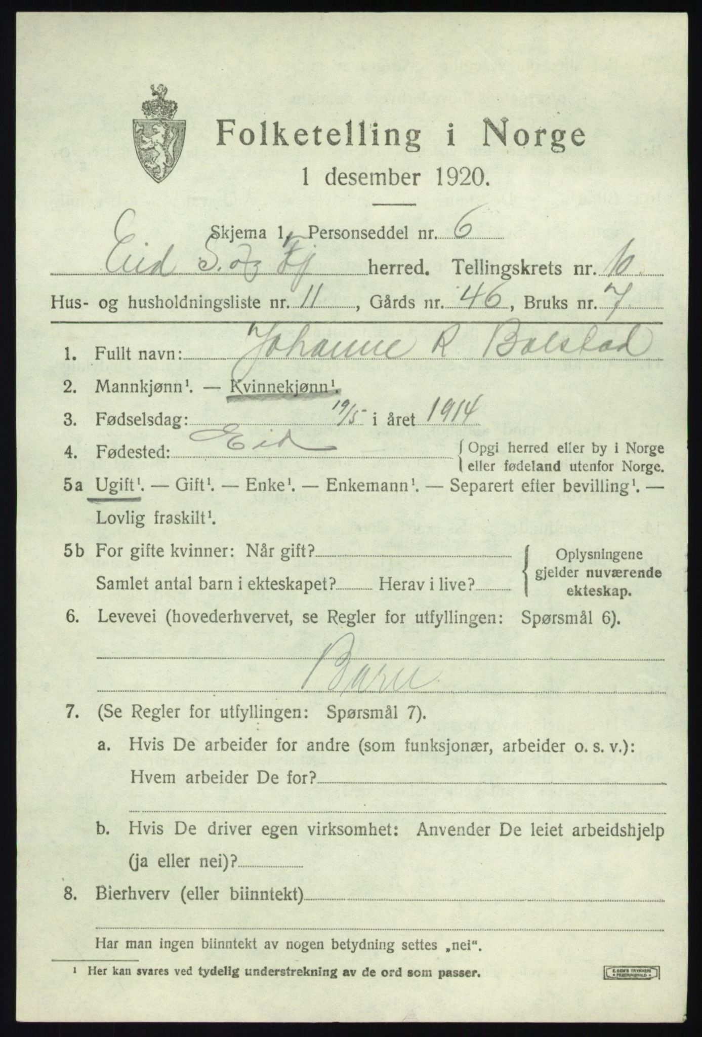 SAB, 1920 census for Eid, 1920, p. 5110