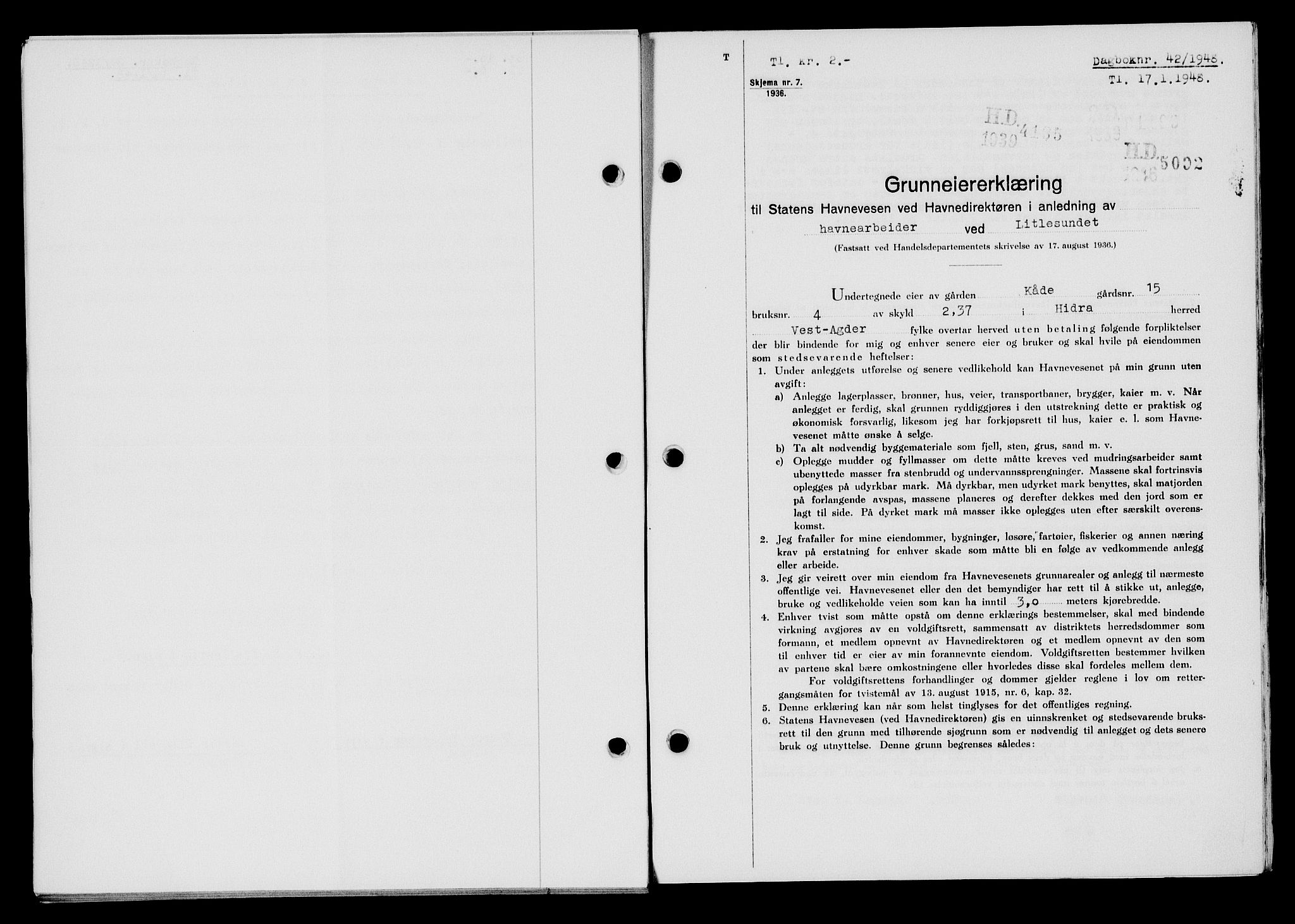 Flekkefjord sorenskriveri, SAK/1221-0001/G/Gb/Gba/L0063: Mortgage book no. A-11, 1947-1948, Diary no: : 42/1948