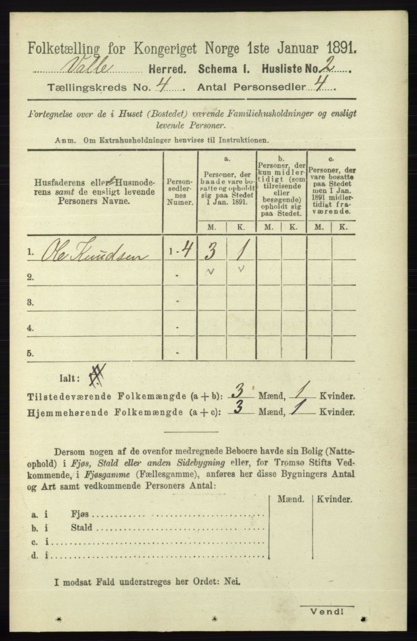 RA, 1891 census for 0940 Valle, 1891, p. 953