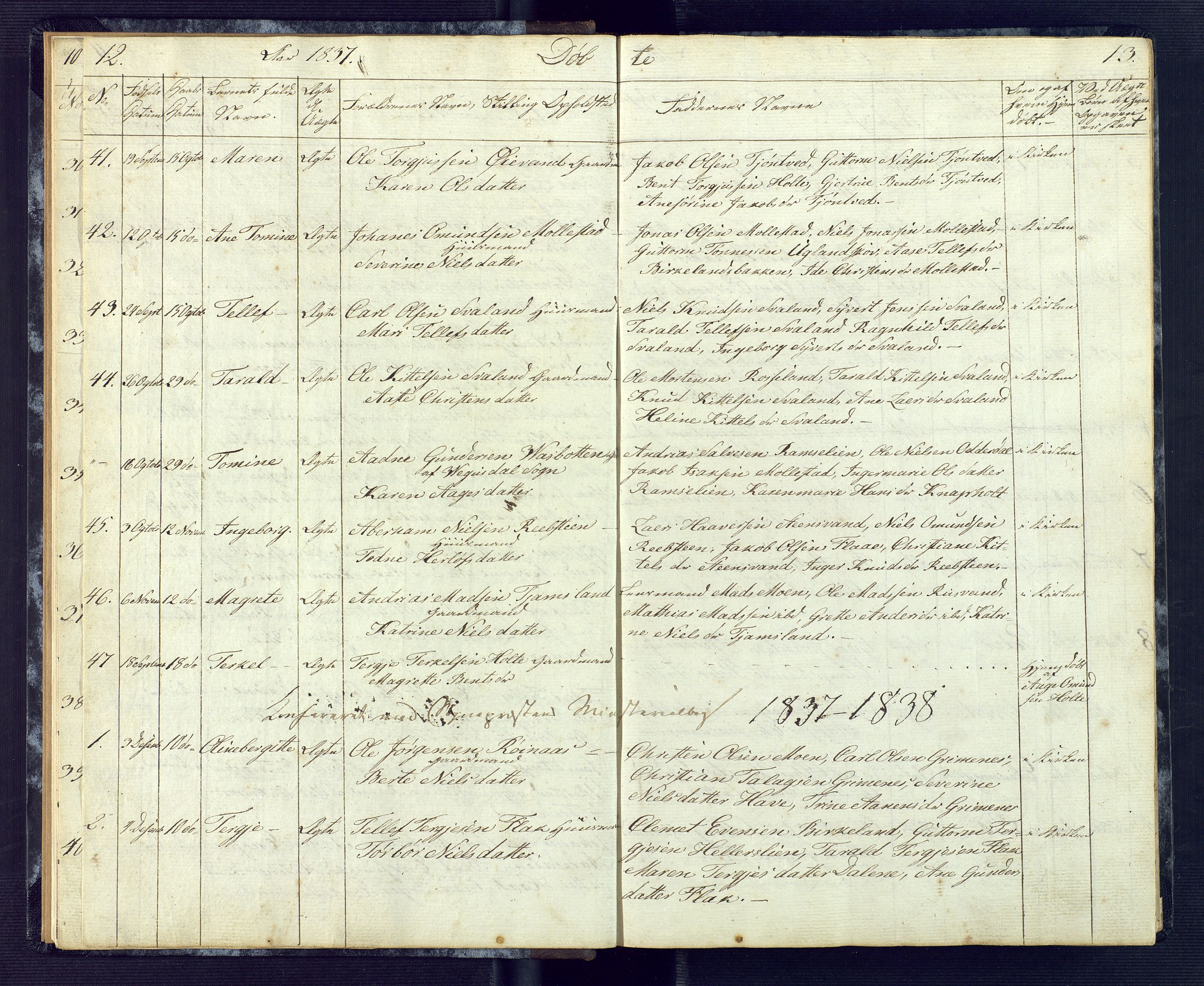 Birkenes sokneprestkontor, SAK/1111-0004/F/Fb/L0001: Parish register (copy) no. B 1, 1837-1856, p. 12-13