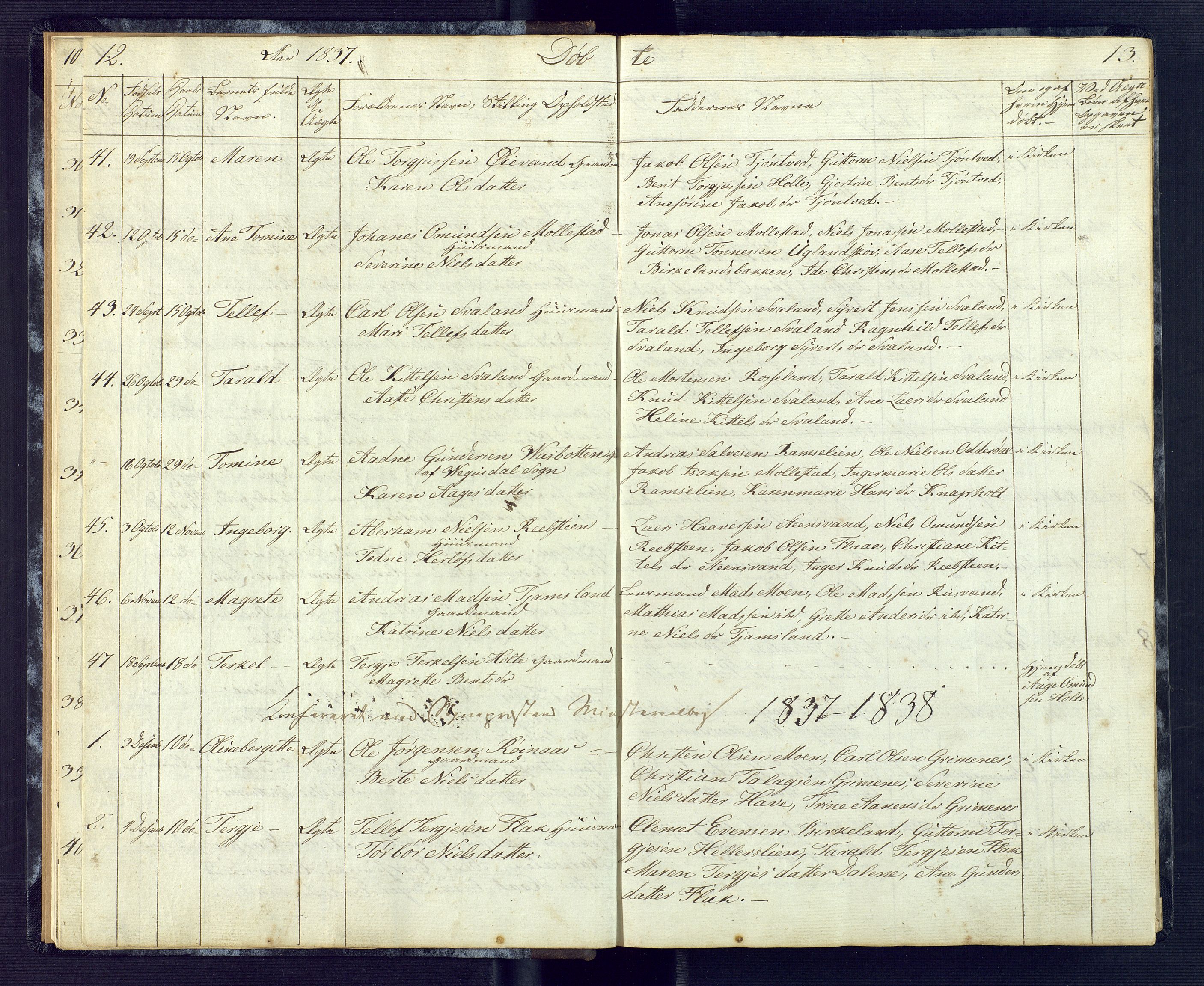 Birkenes sokneprestkontor, AV/SAK-1111-0004/F/Fb/L0001: Parish register (copy) no. B 1, 1837-1856, p. 12-13