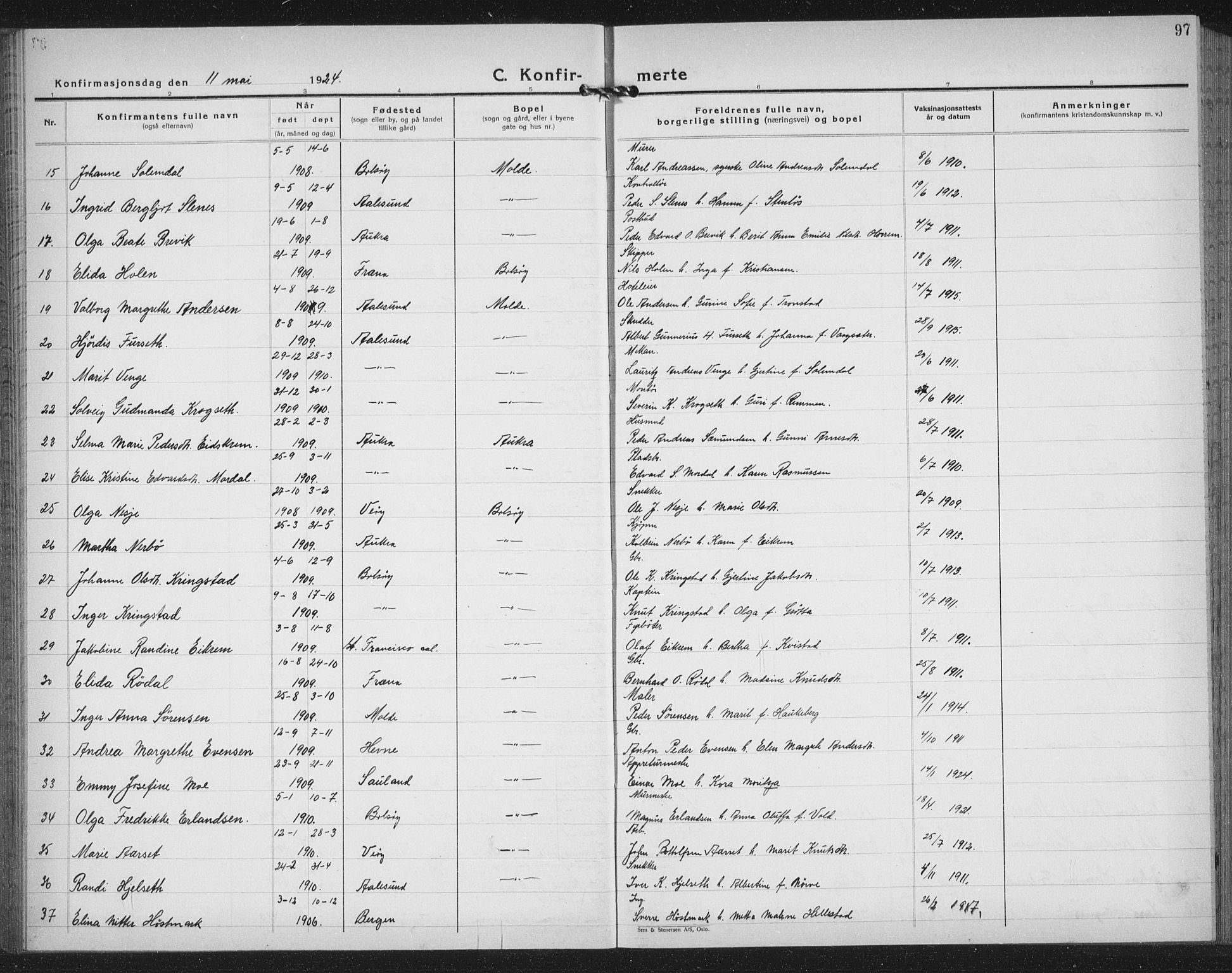 Ministerialprotokoller, klokkerbøker og fødselsregistre - Møre og Romsdal, AV/SAT-A-1454/558/L0704: Parish register (copy) no. 558C05, 1921-1942, p. 97