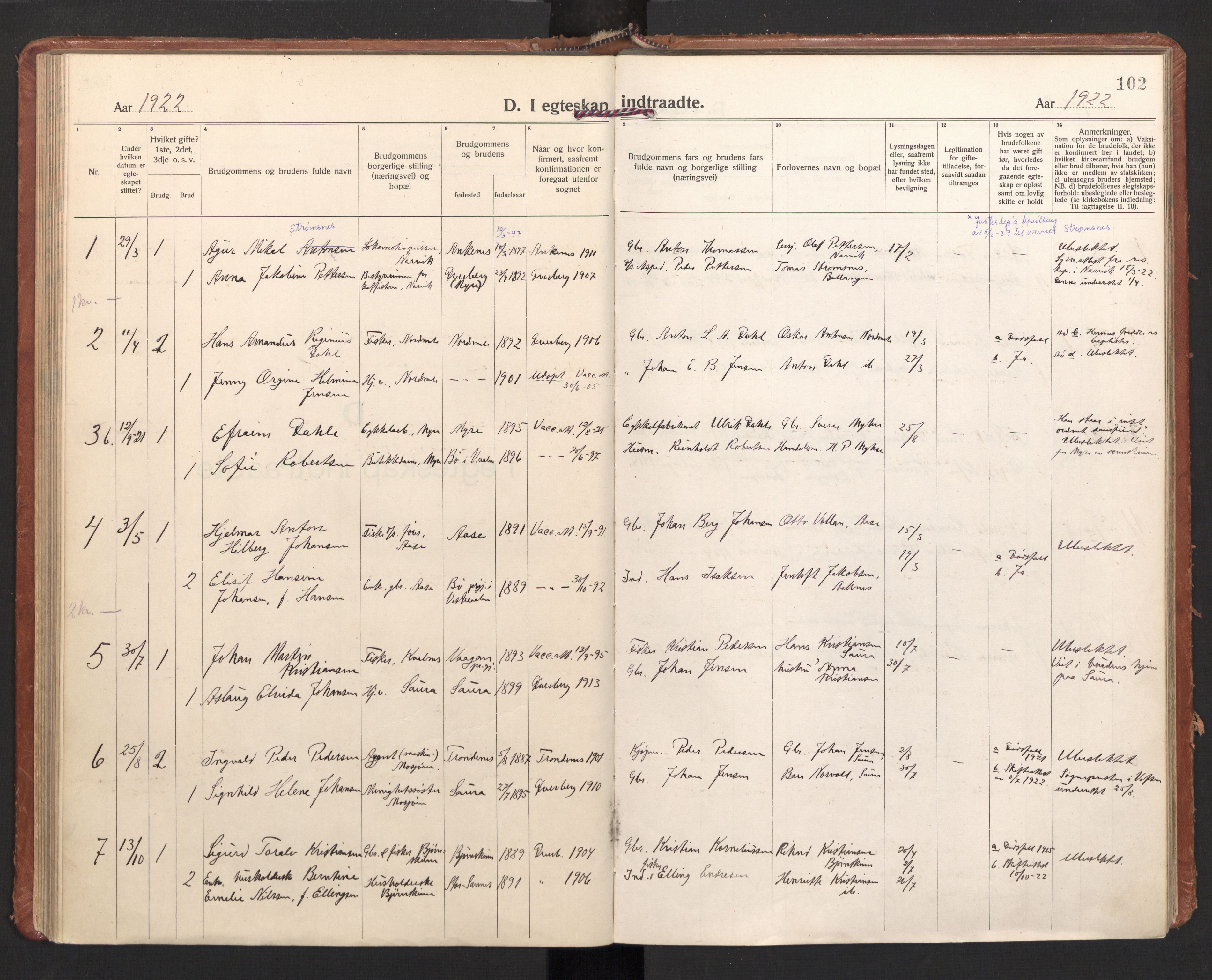 Ministerialprotokoller, klokkerbøker og fødselsregistre - Nordland, SAT/A-1459/897/L1408: Parish register (official) no. 897A15, 1922-1938, p. 102