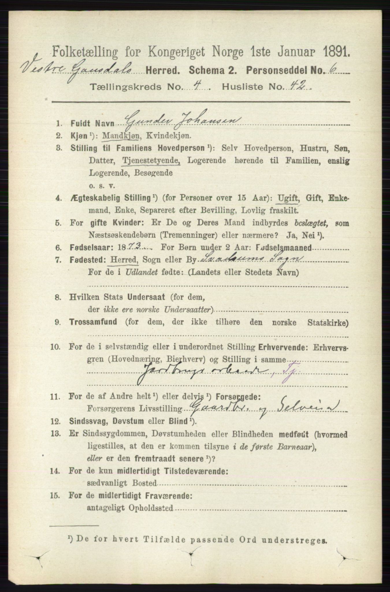 RA, 1891 census for 0523 Vestre Gausdal, 1891, p. 1944