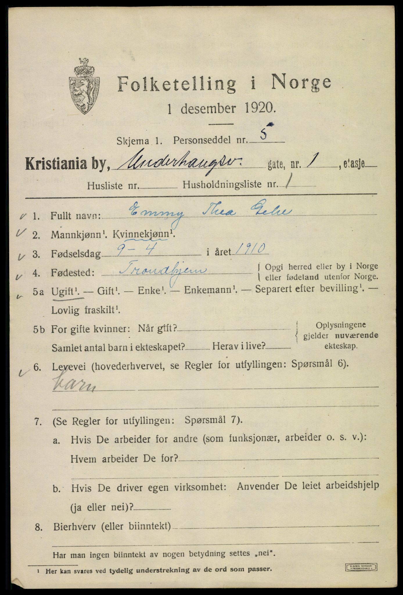 SAO, 1920 census for Kristiania, 1920, p. 617169