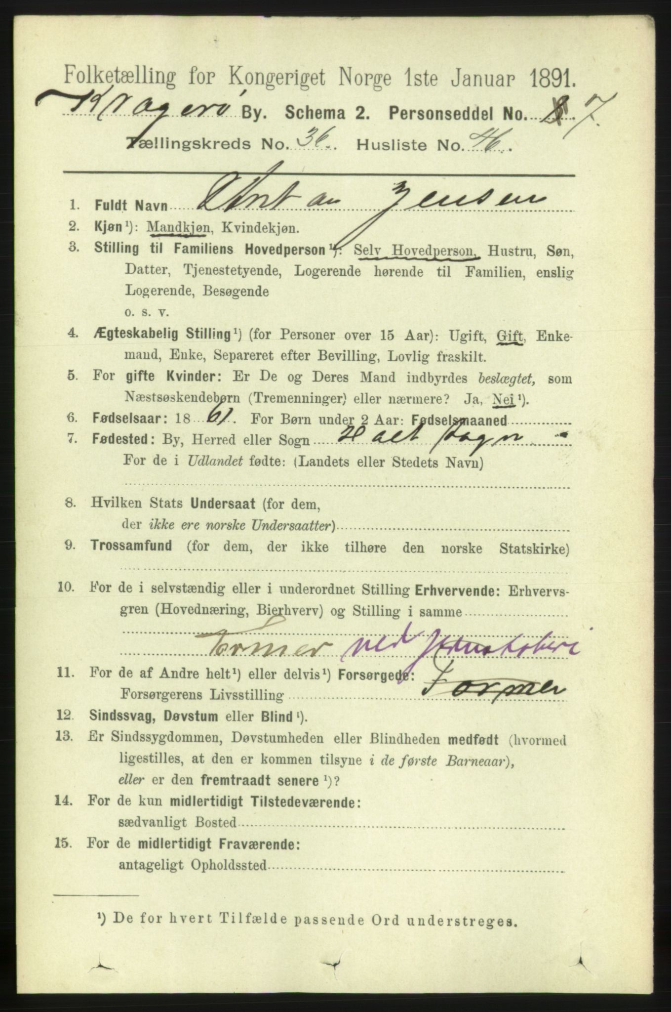 RA, 1891 census for 0801 Kragerø, 1891, p. 6748