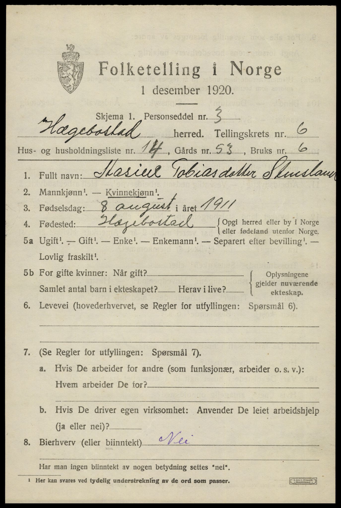 SAK, 1920 census for Hægebostad, 1920, p. 2103