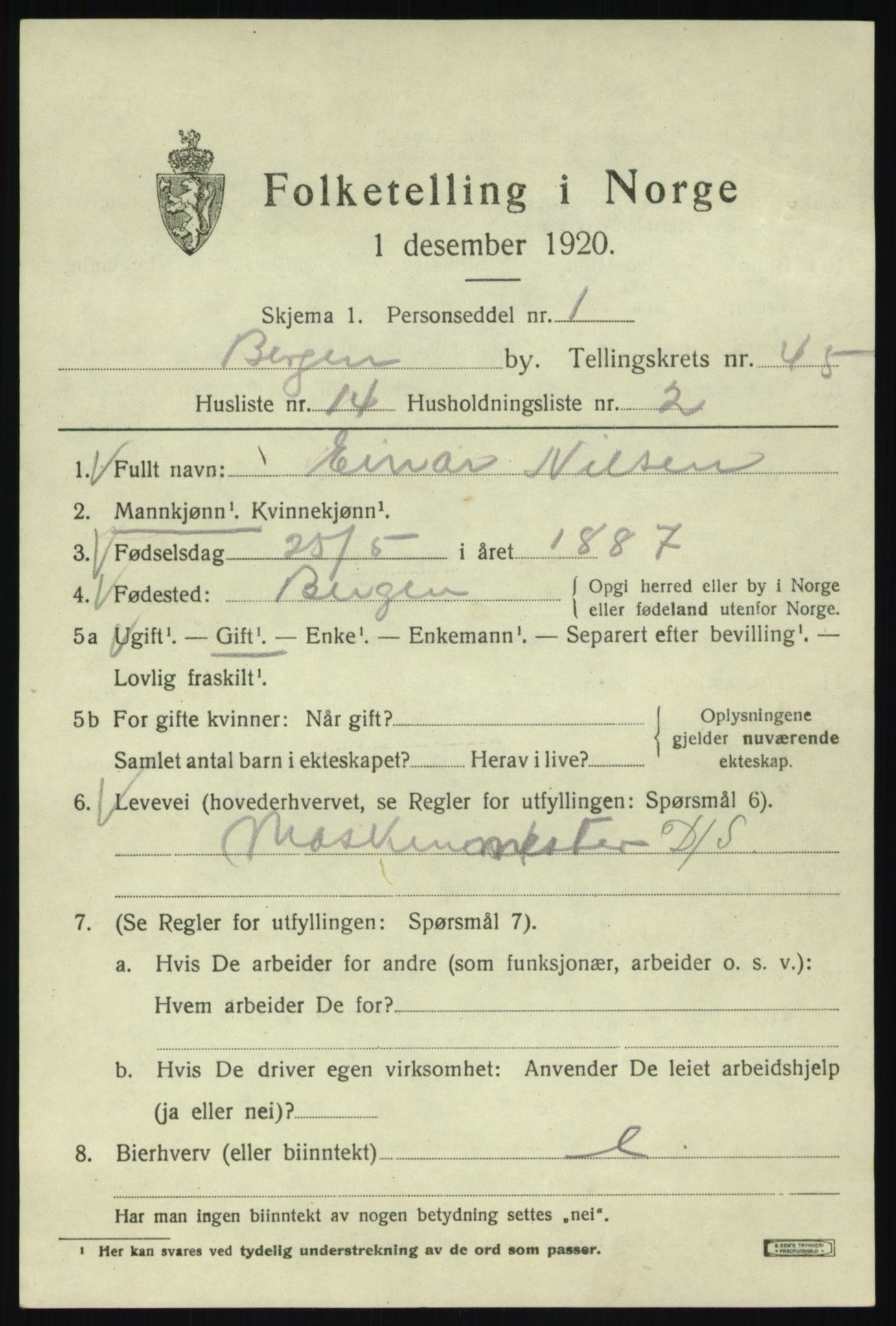 SAB, 1920 census for Bergen, 1920, p. 114170