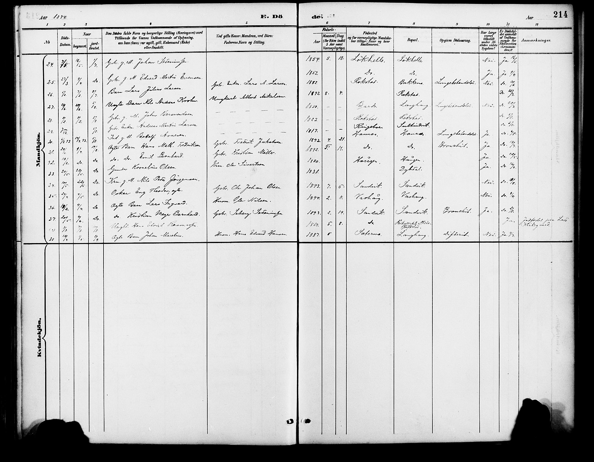 Lenvik sokneprestembete, AV/SATØ-S-1310/H/Ha/Haa/L0013kirke: Parish register (official) no. 13, 1890-1898, p. 214