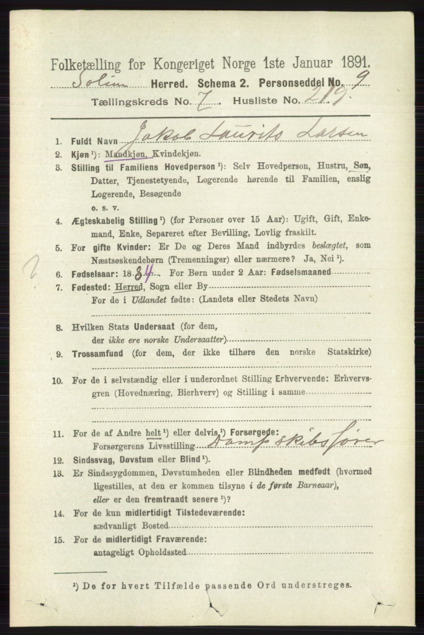 RA, 1891 census for 0818 Solum, 1891, p. 4008