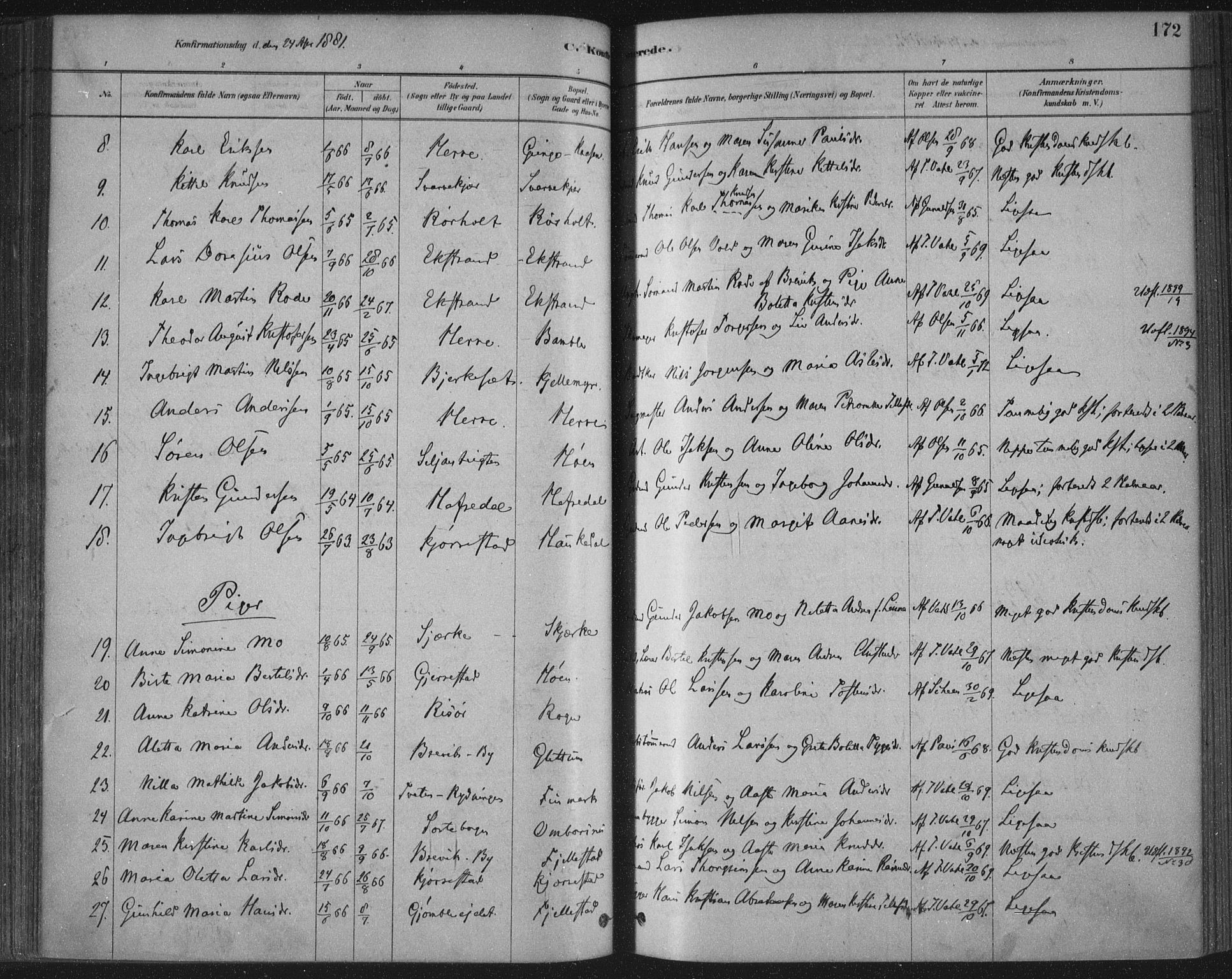 Bamble kirkebøker, AV/SAKO-A-253/F/Fa/L0007: Parish register (official) no. I 7, 1878-1888, p. 172