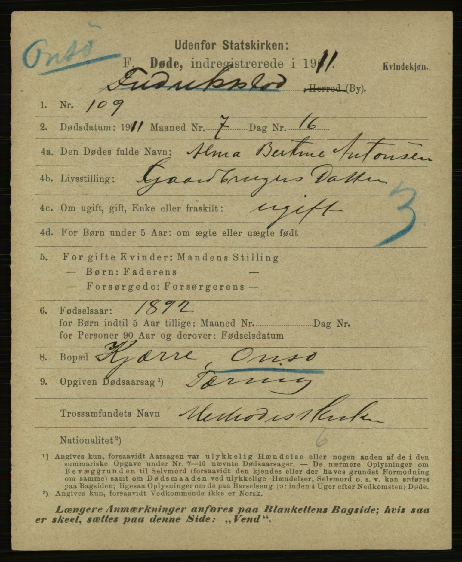 Statistisk sentralbyrå, Sosiodemografiske emner, Befolkning, AV/RA-S-2228/E/L0009: Fødte, gifte, døde dissentere., 1911, p. 2259