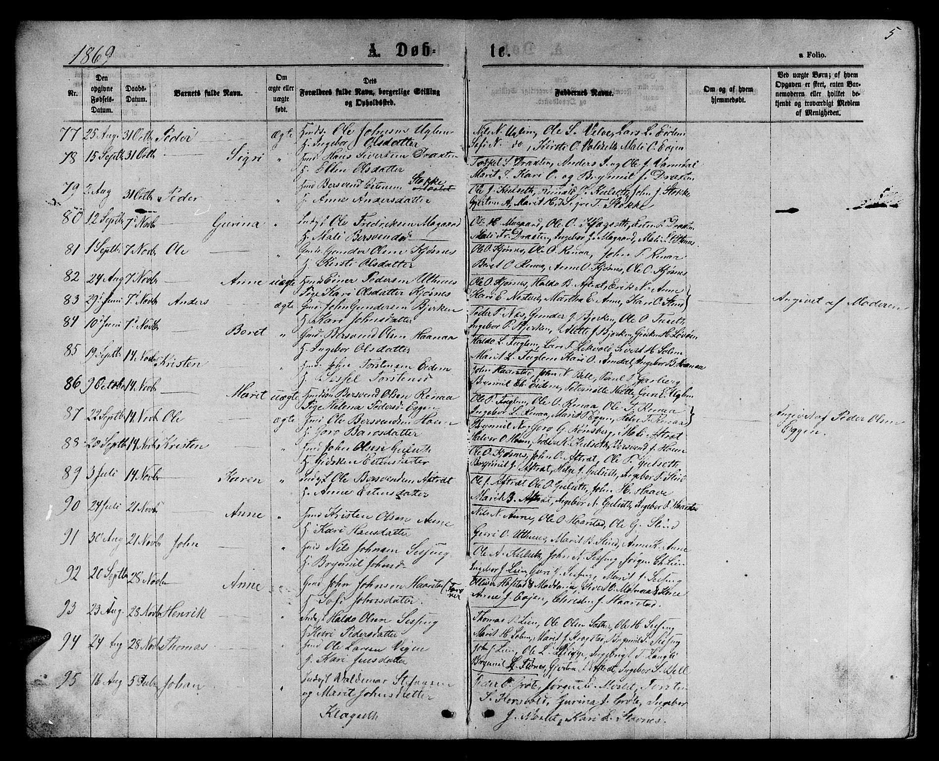 Ministerialprotokoller, klokkerbøker og fødselsregistre - Sør-Trøndelag, AV/SAT-A-1456/695/L1156: Parish register (copy) no. 695C07, 1869-1888, p. 5