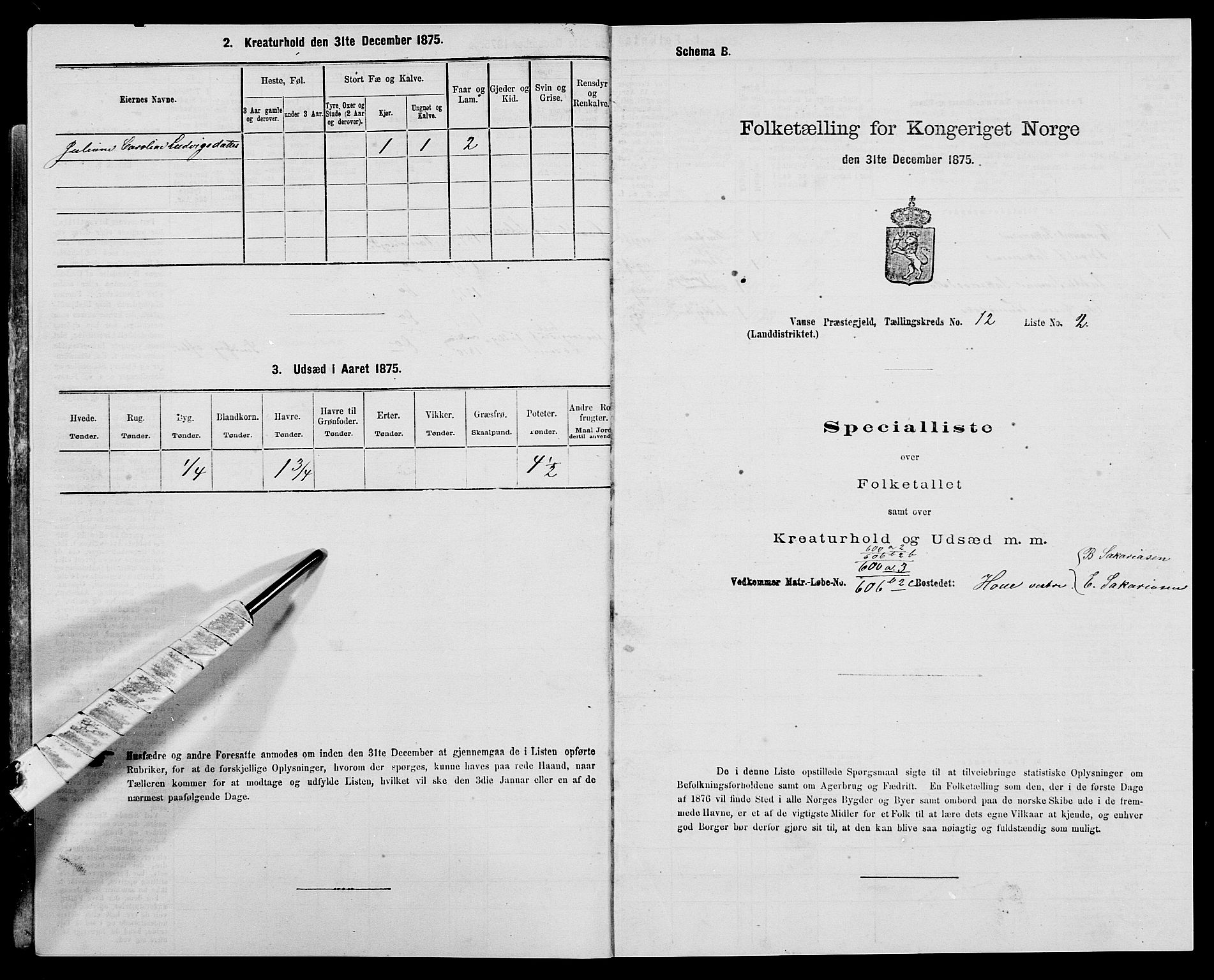 SAK, 1875 census for 1041L Vanse/Vanse og Farsund, 1875, p. 2152