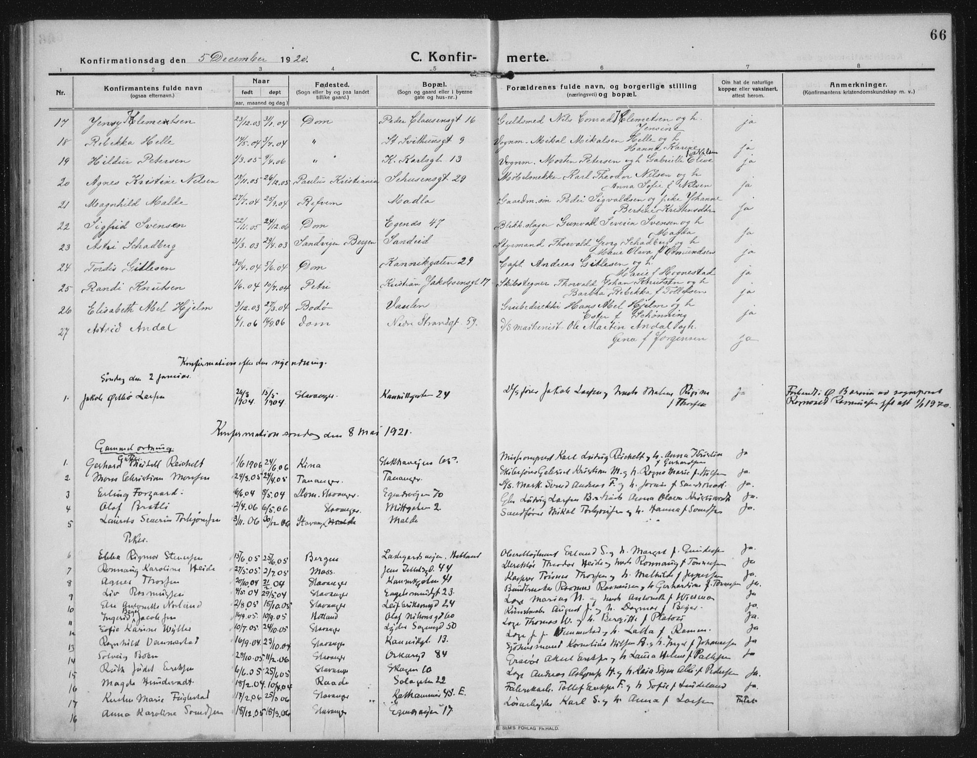 Domkirken sokneprestkontor, SAST/A-101812/002/A/L0019: Parish register (official) no. A 35, 1916-1932, p. 66