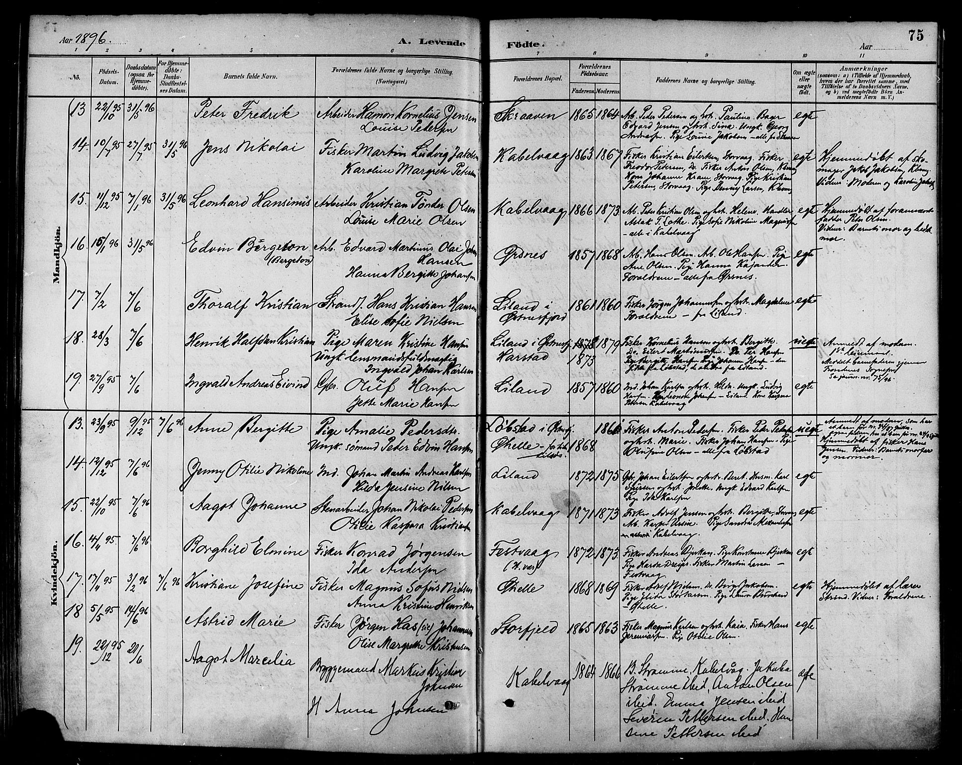Ministerialprotokoller, klokkerbøker og fødselsregistre - Nordland, AV/SAT-A-1459/874/L1060: Parish register (official) no. 874A04, 1890-1899, p. 75