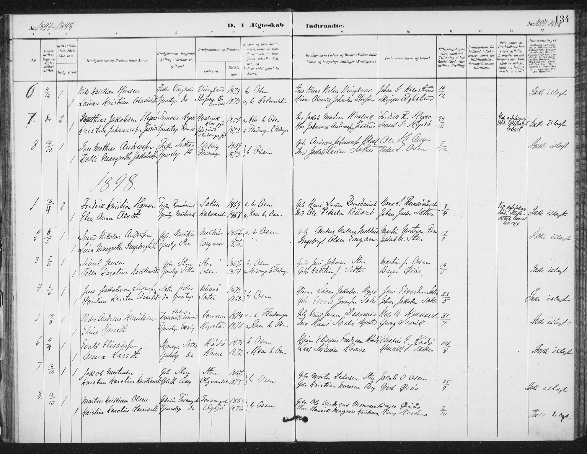 Ministerialprotokoller, klokkerbøker og fødselsregistre - Sør-Trøndelag, SAT/A-1456/658/L0723: Parish register (official) no. 658A02, 1897-1912, p. 134