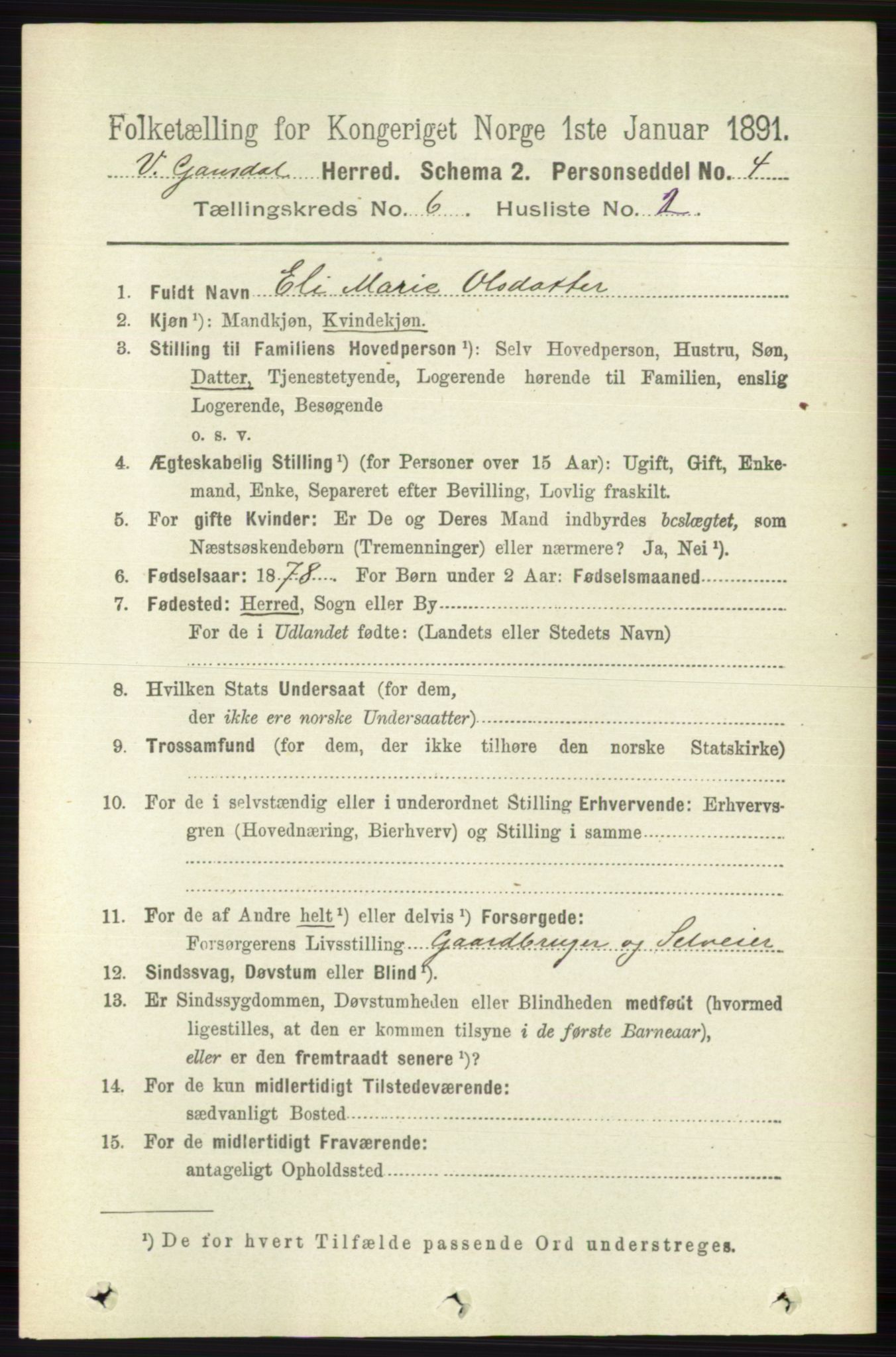 RA, 1891 census for 0523 Vestre Gausdal, 1891, p. 2562