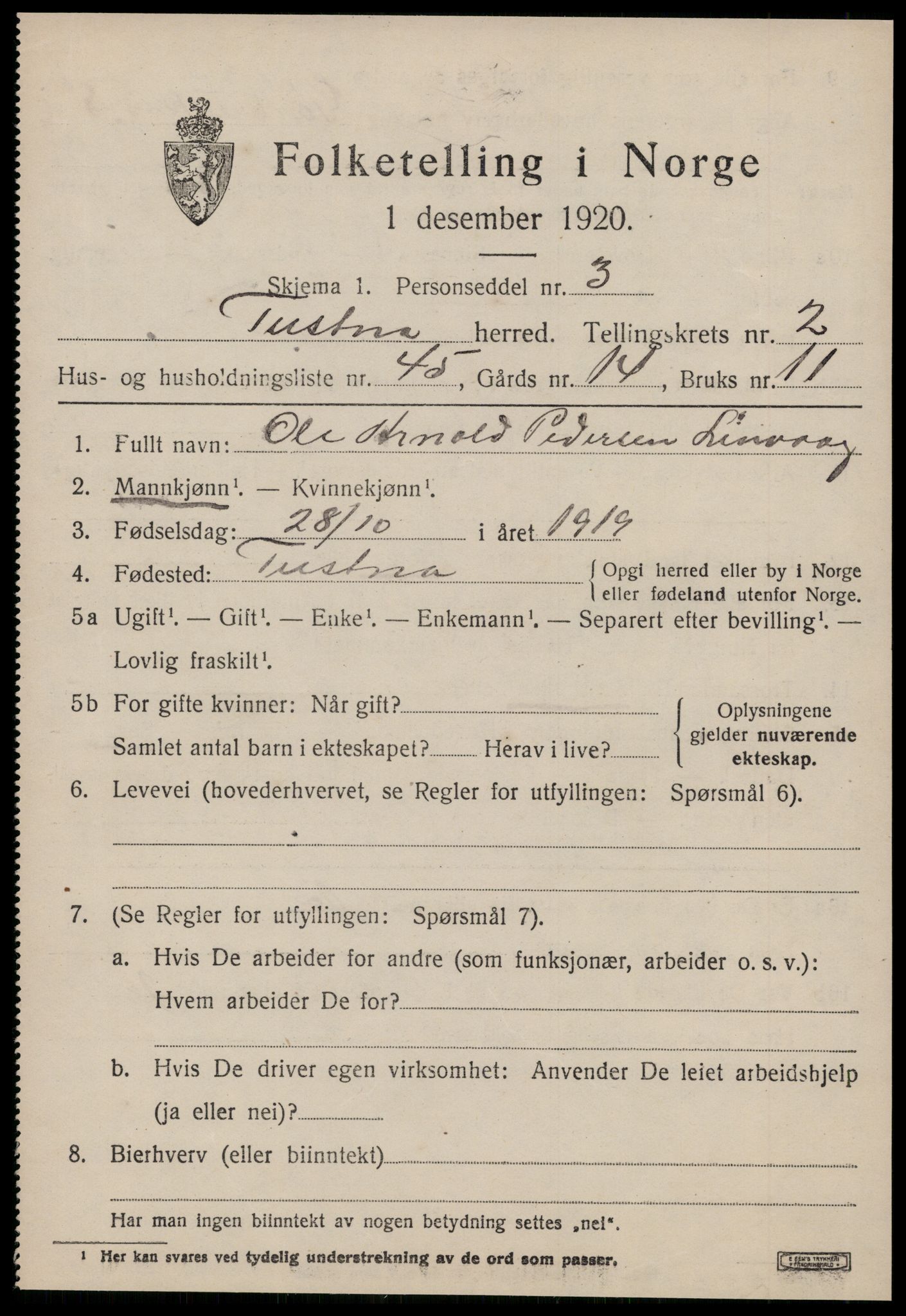 SAT, 1920 census for Tustna, 1920, p. 1451