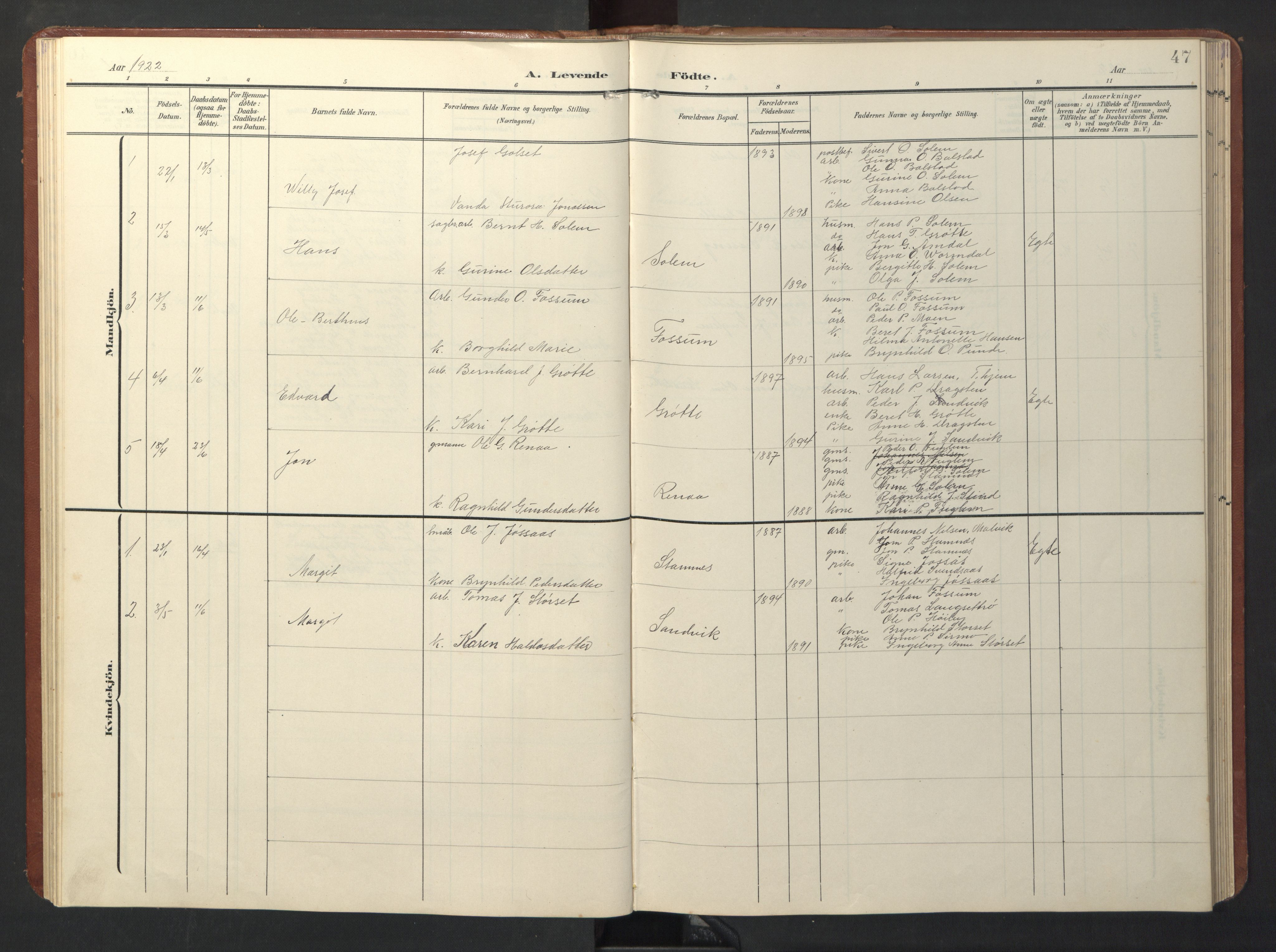 Ministerialprotokoller, klokkerbøker og fødselsregistre - Sør-Trøndelag, SAT/A-1456/696/L1161: Parish register (copy) no. 696C01, 1902-1950, p. 47