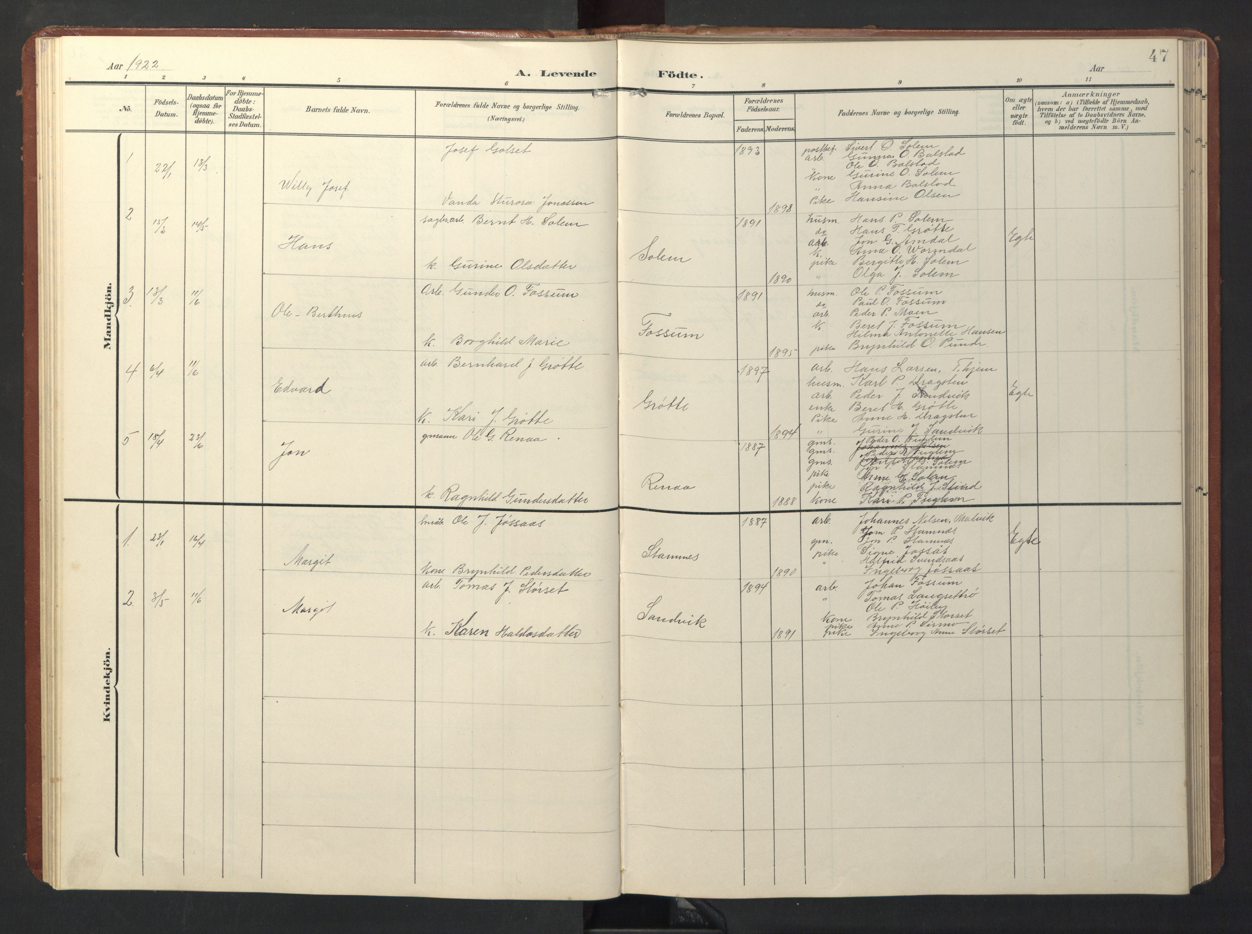 Ministerialprotokoller, klokkerbøker og fødselsregistre - Sør-Trøndelag, AV/SAT-A-1456/696/L1161: Parish register (copy) no. 696C01, 1902-1950, p. 47