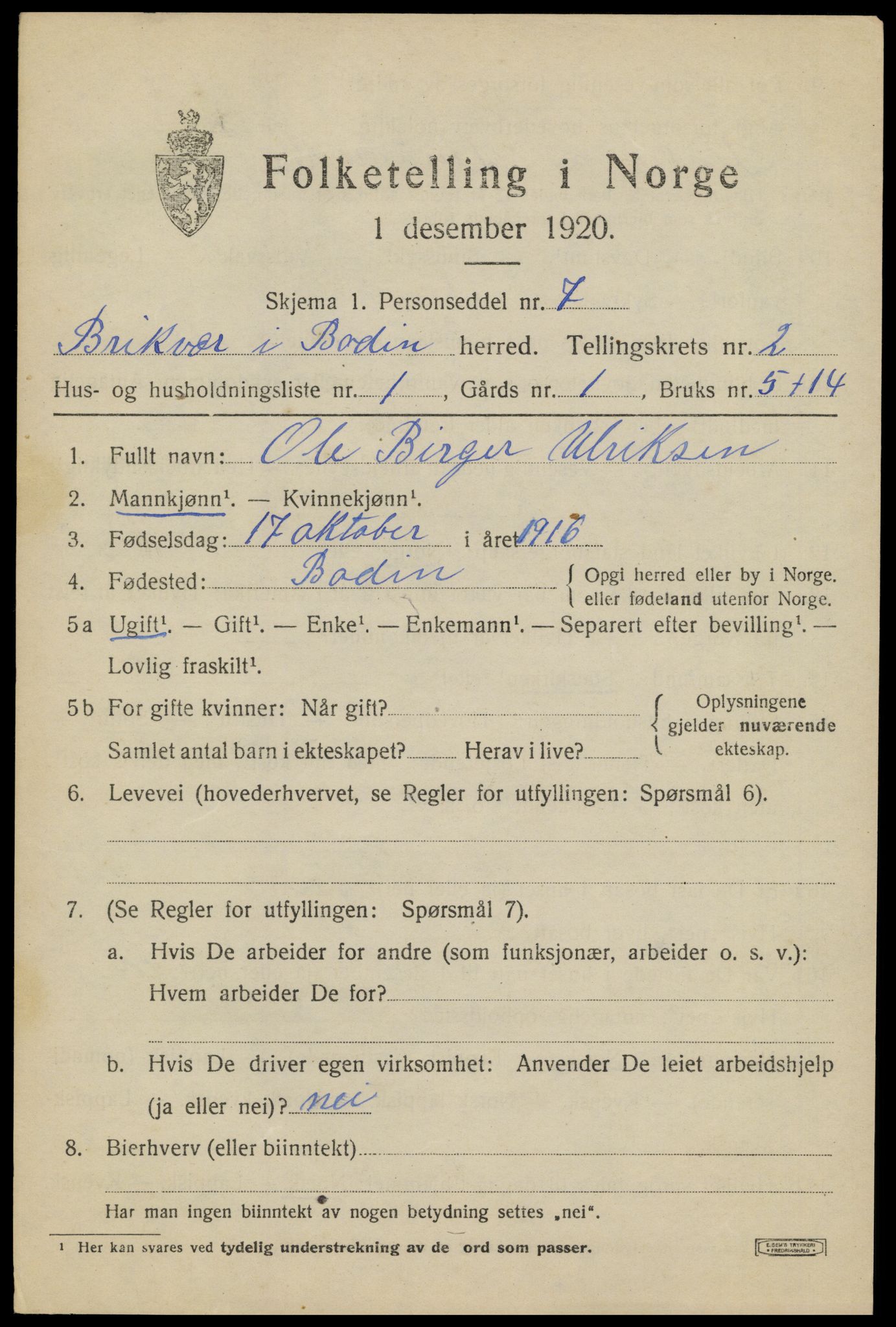 SAT, 1920 census for Bodin, 1920, p. 1958