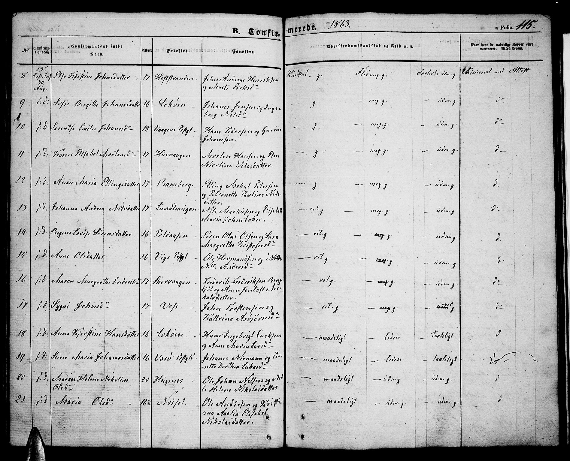 Ministerialprotokoller, klokkerbøker og fødselsregistre - Nordland, AV/SAT-A-1459/891/L1313: Parish register (copy) no. 891C02, 1856-1870, p. 115