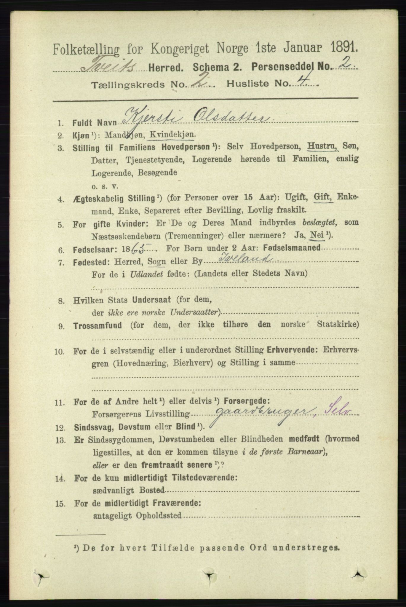 RA, 1891 census for 1013 Tveit, 1891, p. 539