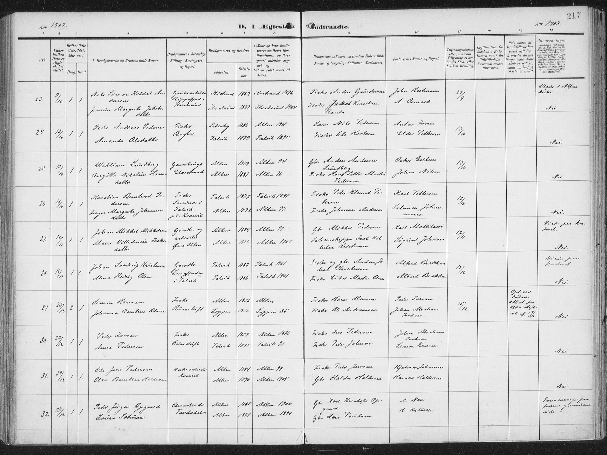 Alta sokneprestkontor, AV/SATØ-S-1338/H/Ha/L0005.kirke: Parish register (official) no. 5, 1904-1918, p. 217