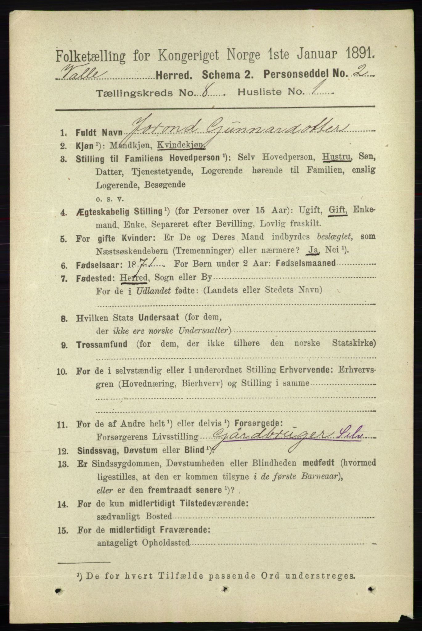 RA, 1891 census for 0940 Valle, 1891, p. 2238