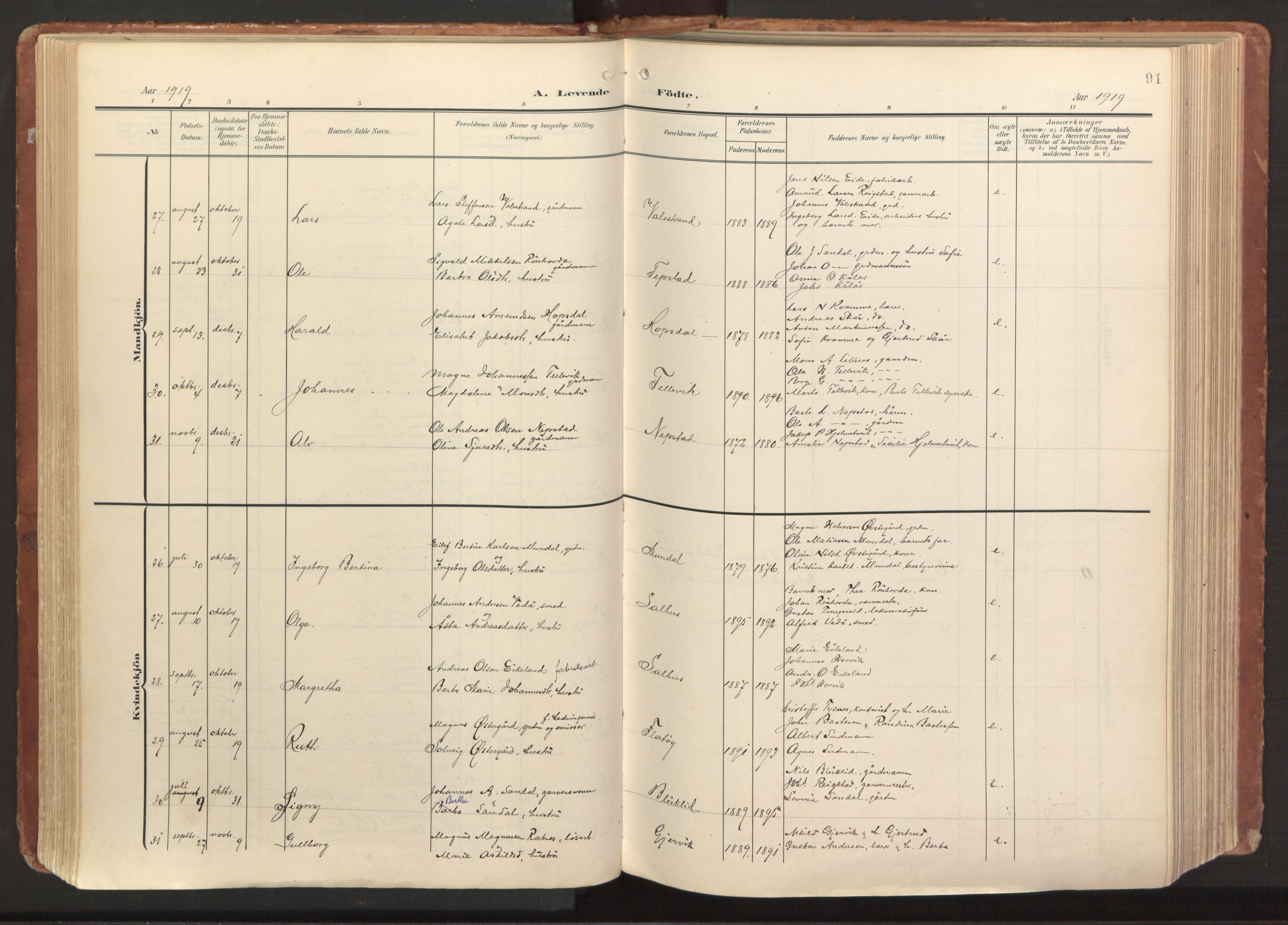 Hamre sokneprestembete, AV/SAB-A-75501/H/Ha/Haa/Haab/L0002: Parish register (official) no. B 2, 1905-1924, p. 91