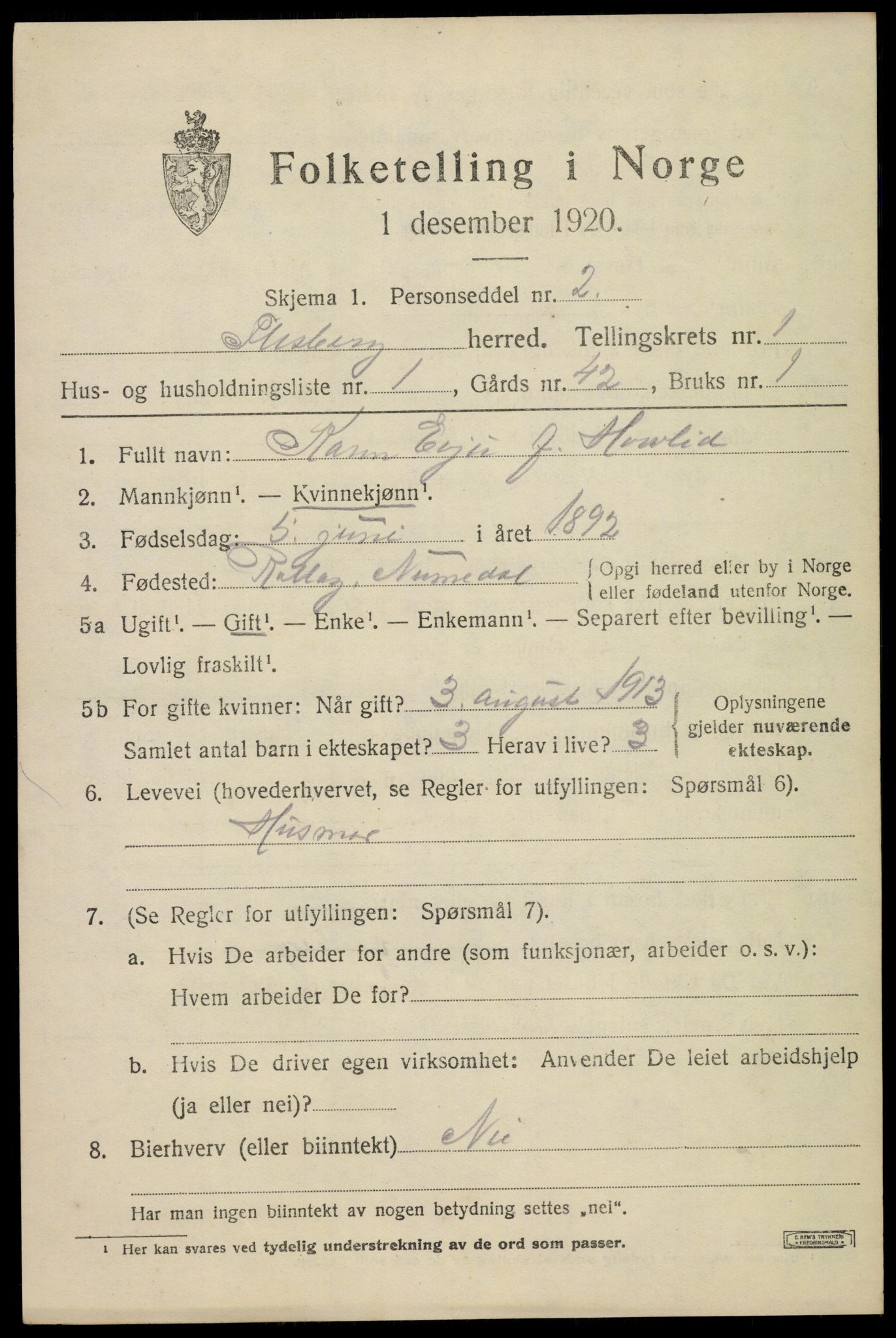 SAKO, 1920 census for Flesberg, 1920, p. 965