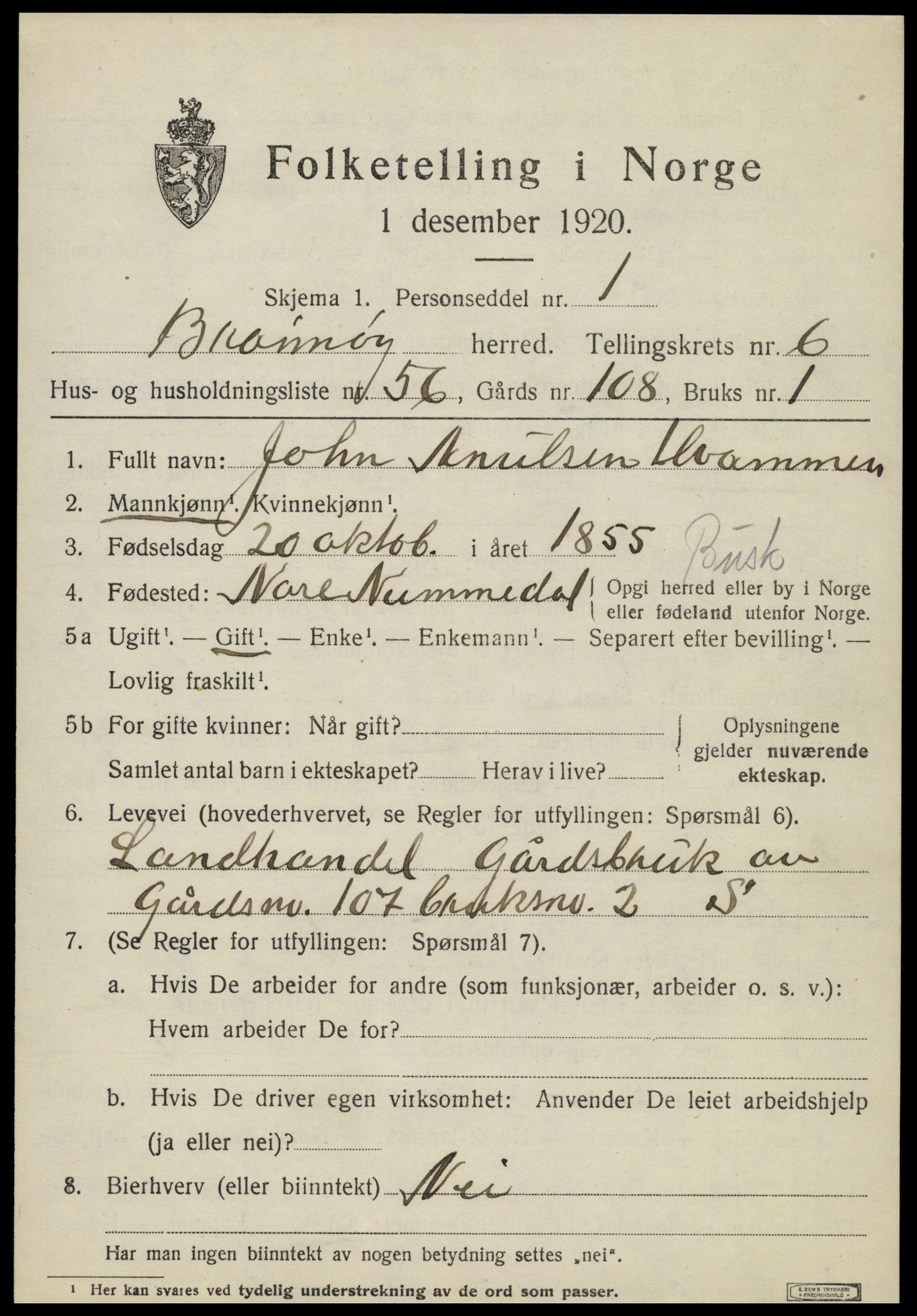 SAT, 1920 census for Brønnøy, 1920, p. 5030