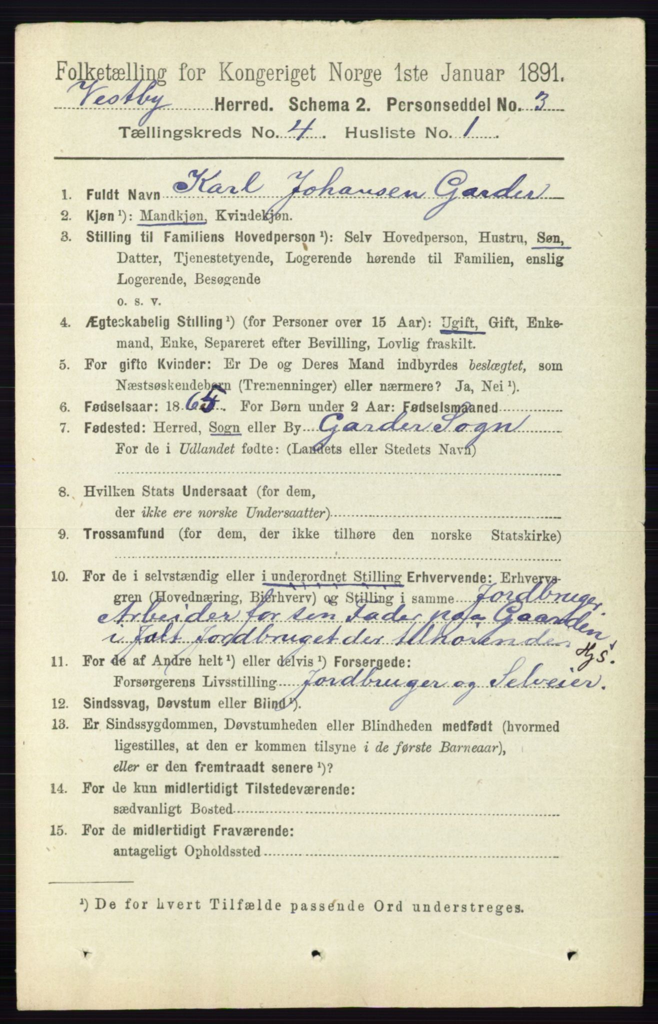 RA, 1891 census for 0211 Vestby, 1891, p. 1579