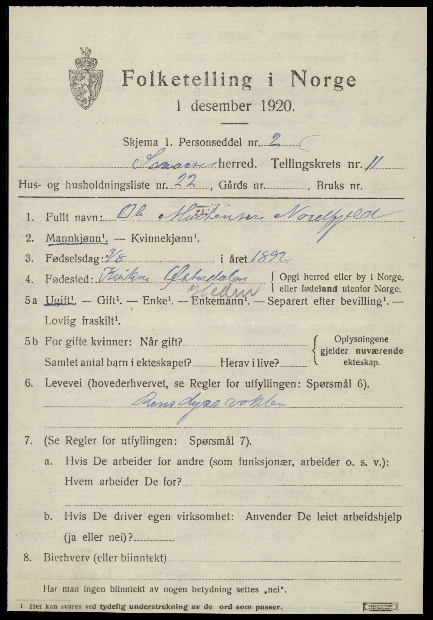 SAT, 1920 census for Snåsa, 1920, p. 5190