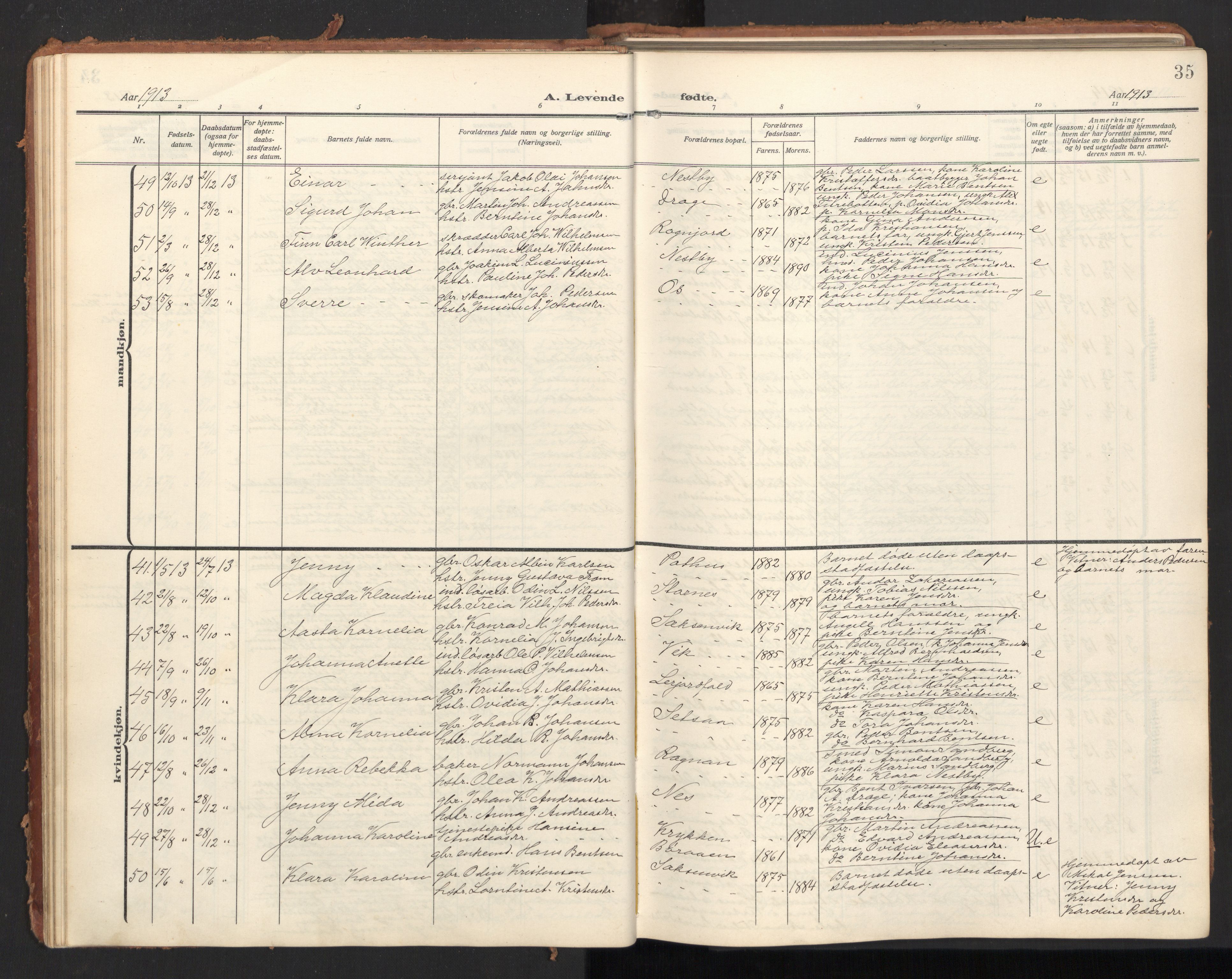 Ministerialprotokoller, klokkerbøker og fødselsregistre - Nordland, AV/SAT-A-1459/847/L0683: Parish register (copy) no. 847C11, 1908-1929, p. 35