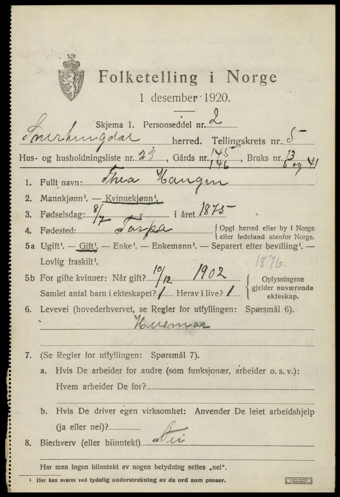 SAH, 1920 census for Snertingdal, 1920, p. 4577