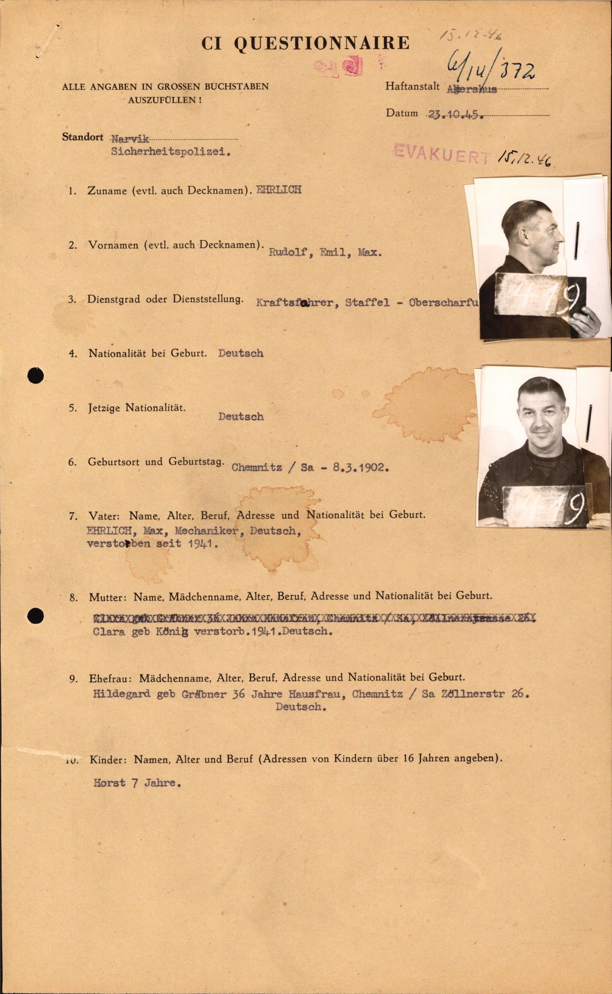 Forsvaret, Forsvarets overkommando II, RA/RAFA-3915/D/Db/L0007: CI Questionaires. Tyske okkupasjonsstyrker i Norge. Tyskere., 1945-1946, p. 81
