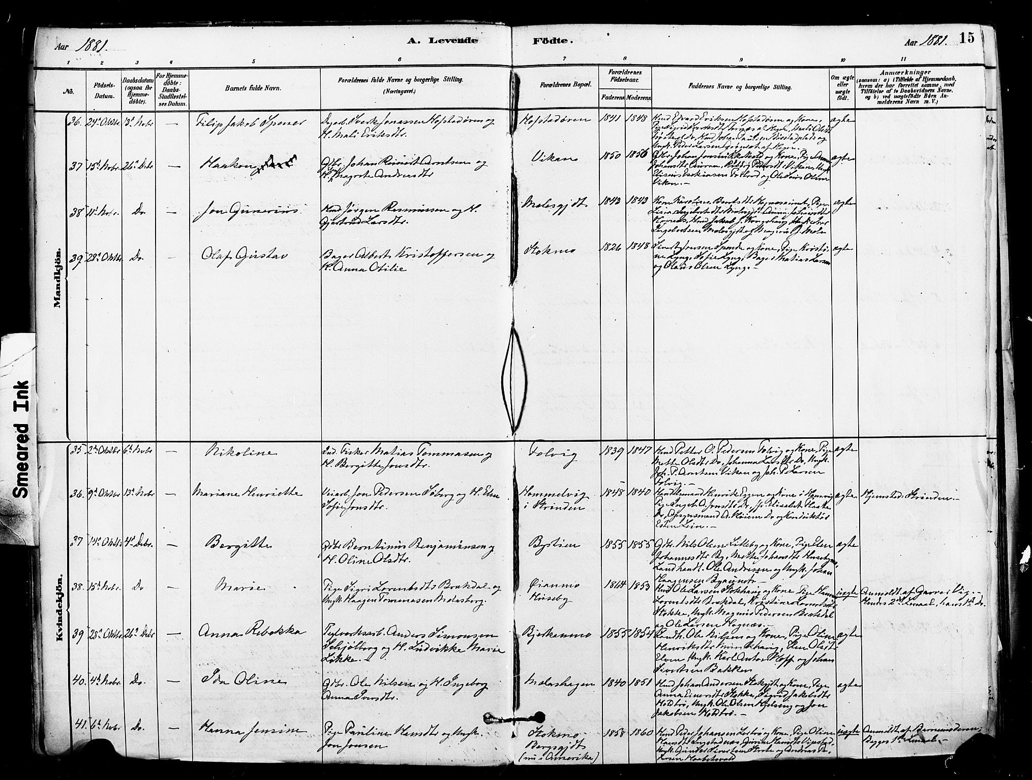 Ministerialprotokoller, klokkerbøker og fødselsregistre - Nord-Trøndelag, AV/SAT-A-1458/709/L0077: Parish register (official) no. 709A17, 1880-1895, p. 15