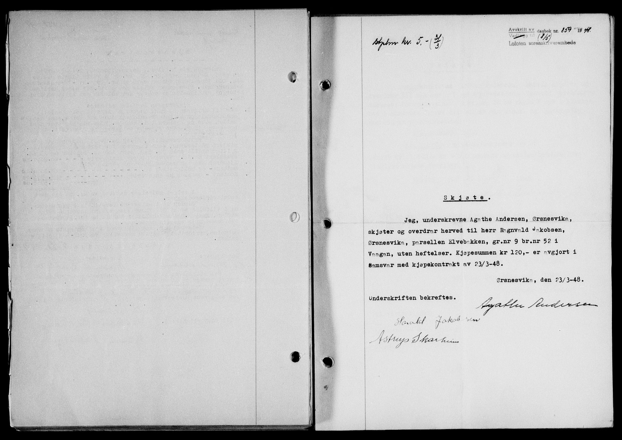 Lofoten sorenskriveri, SAT/A-0017/1/2/2C/L0018a: Mortgage book no. 18a, 1948-1948, Diary no: : 859/1948