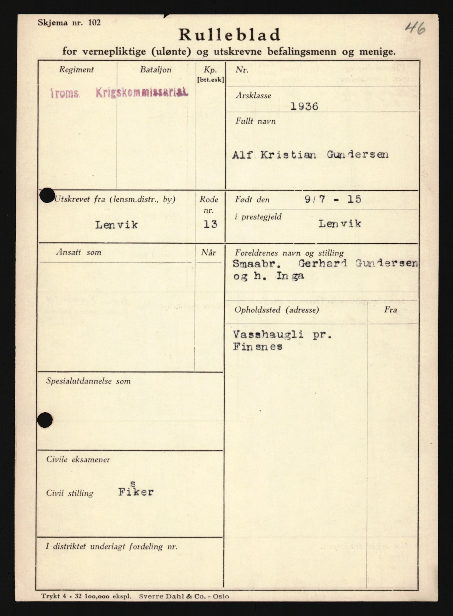 Forsvaret, Troms infanteriregiment nr. 16, AV/RA-RAFA-3146/P/Pa/L0020: Rulleblad for regimentets menige mannskaper, årsklasse 1936, 1936, p. 277