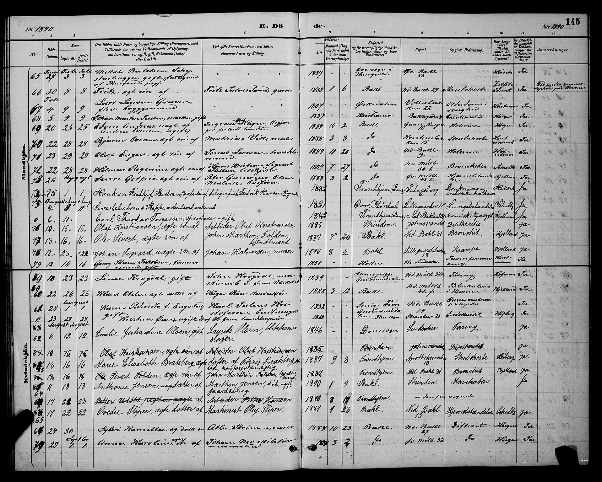 Ministerialprotokoller, klokkerbøker og fødselsregistre - Sør-Trøndelag, AV/SAT-A-1456/604/L0223: Parish register (copy) no. 604C06, 1886-1897, p. 145