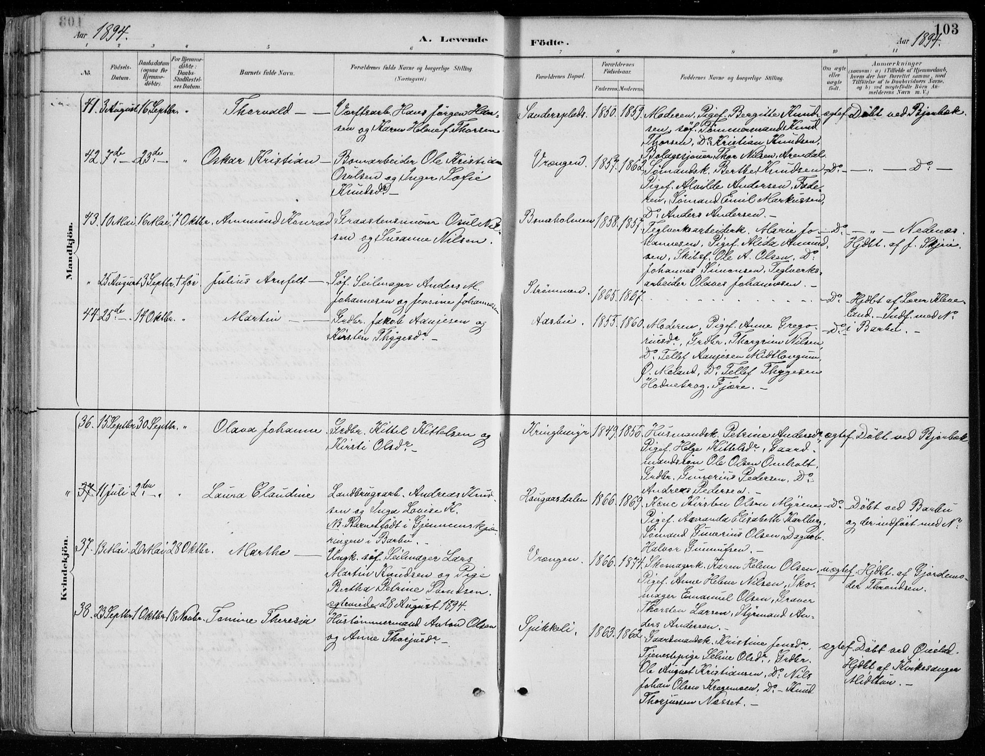 Øyestad sokneprestkontor, AV/SAK-1111-0049/F/Fa/L0017: Parish register (official) no. A 17, 1887-1896, p. 103